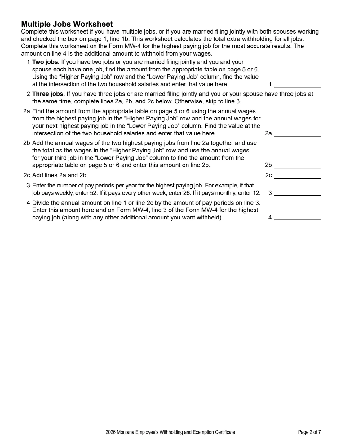 Form MW-4 (2026) Montana Employee's Withholding and Exemption Certificate — page 2 of 7