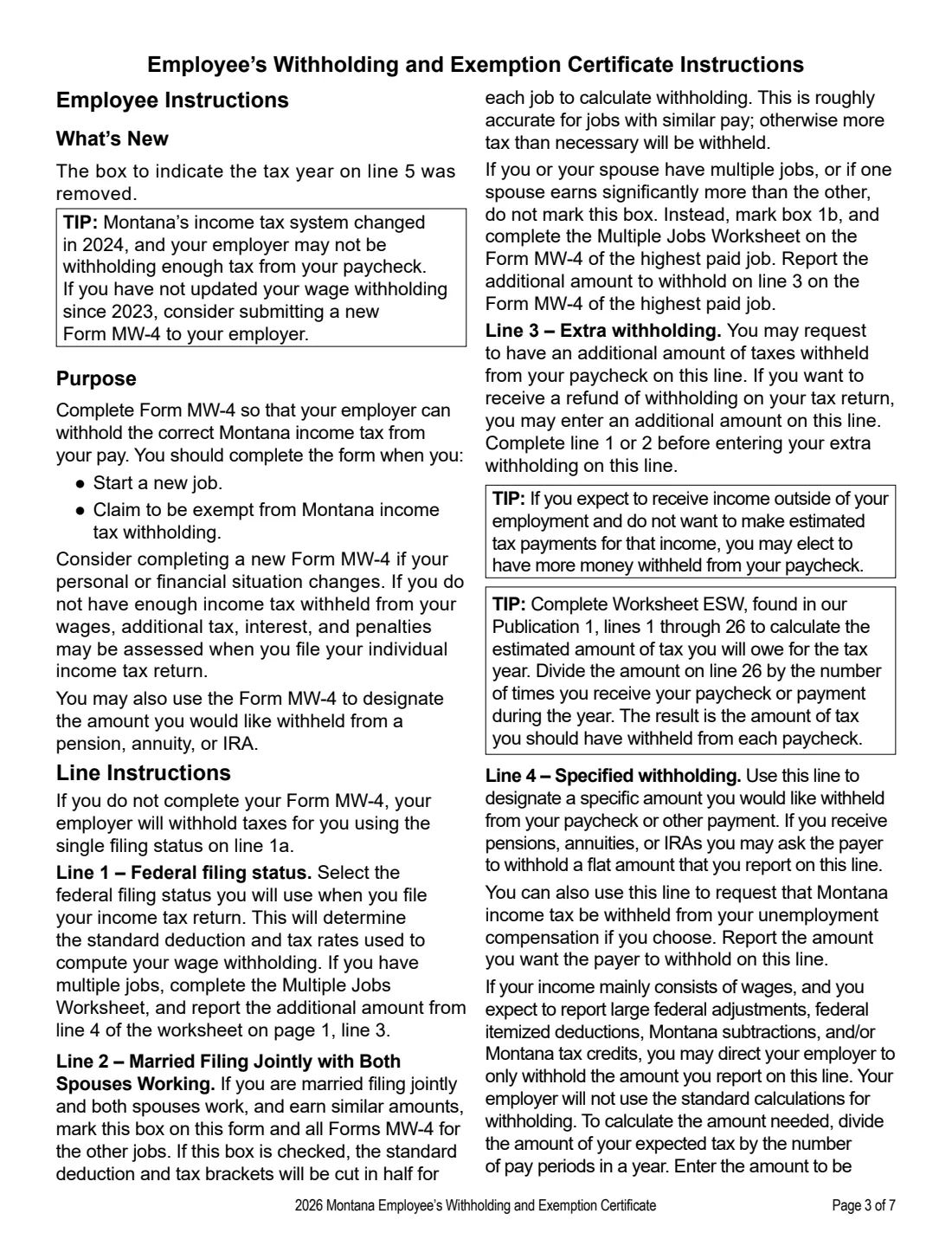 Form MW-4 (2026) Montana Employee's Withholding and Exemption Certificate — page 3 of 7