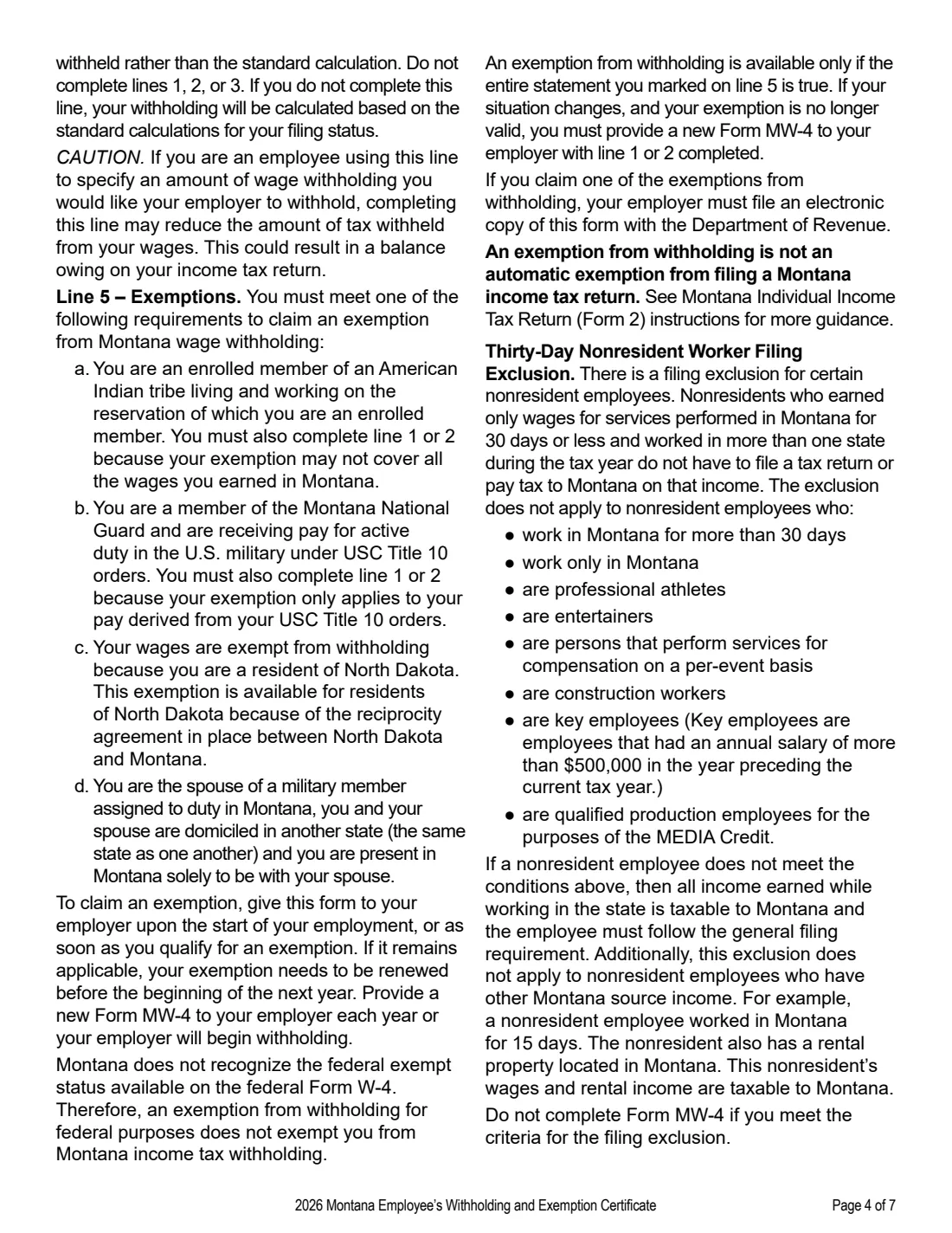 Form MW-4 (2026) Montana Employee's Withholding and Exemption Certificate — page 4 of 7
