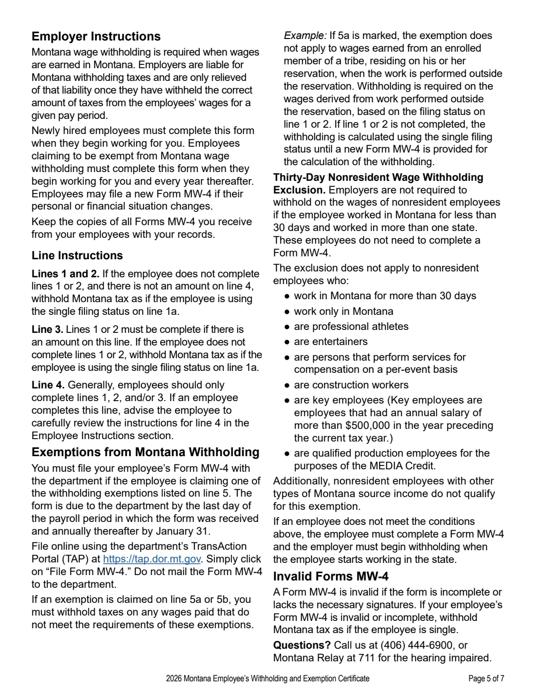 Form MW-4 (2026) Montana Employee's Withholding and Exemption Certificate — page 5 of 7