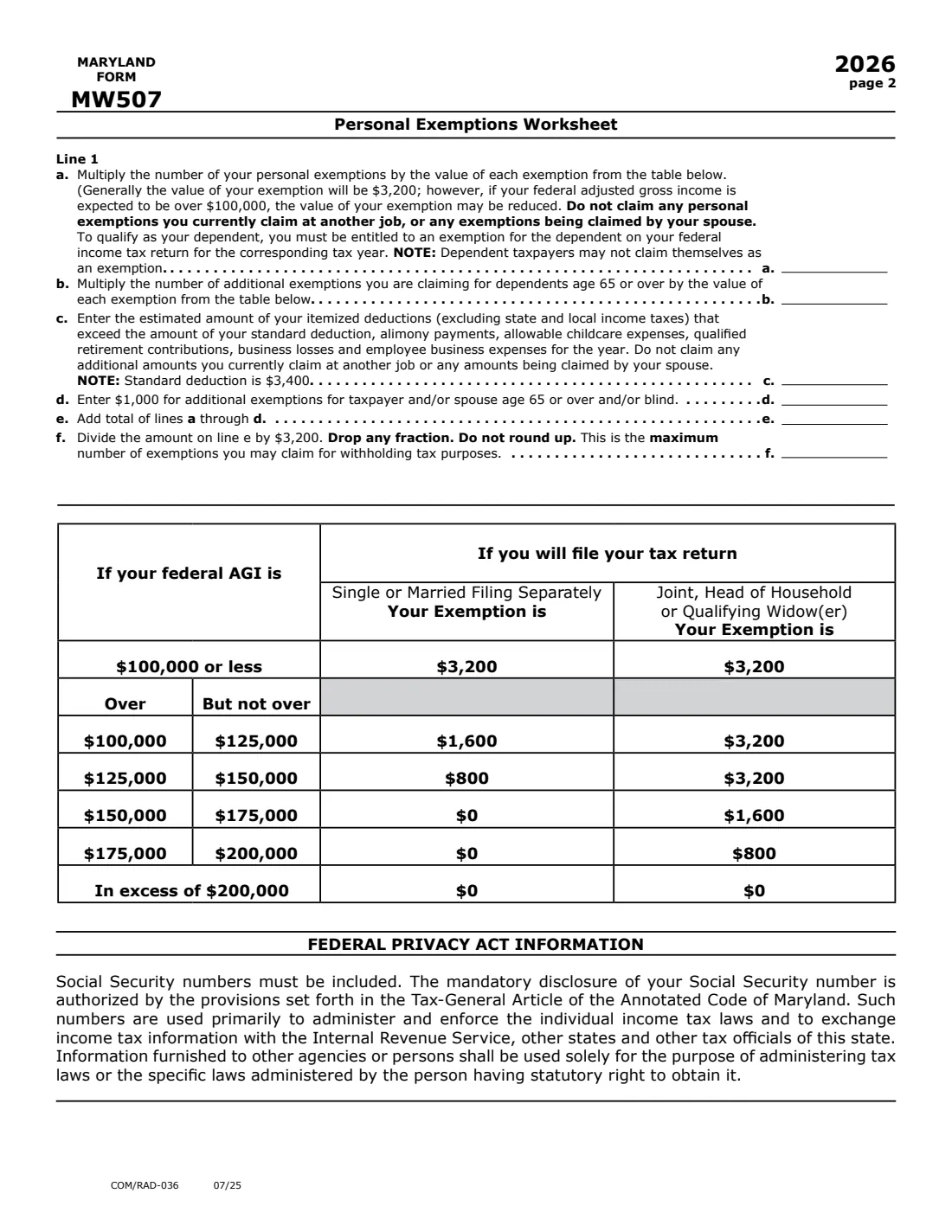 Form MW507 (2026) Employee's Maryland Withholding Exemption Certificate — page 2 of 2