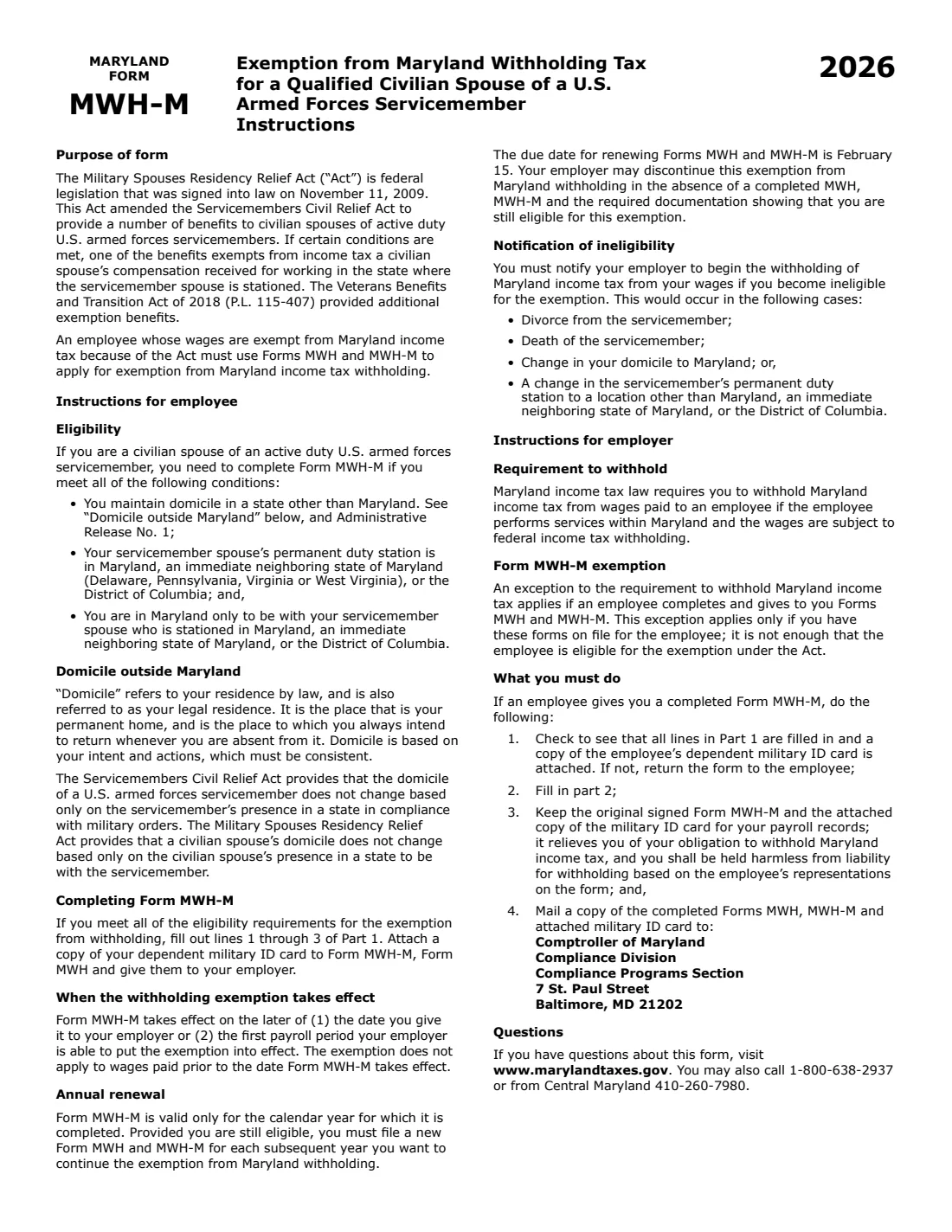 Maryland Form MWH-M (2026) Exemption from Maryland Withholding Tax for a Qualified Civilian Spouse of a U.S. Armed Forces Servicemember — page 2 of 2