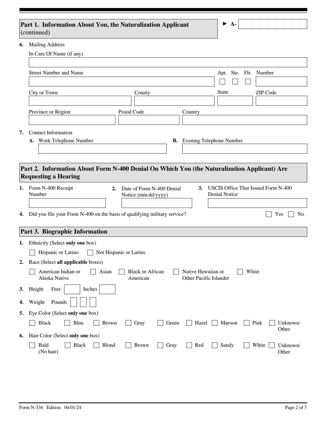 Form N-336 (2024) Request for a Hearing on a Decision in Naturalization Proceedings (Under Section 336 of the INA) — page 2 of 7