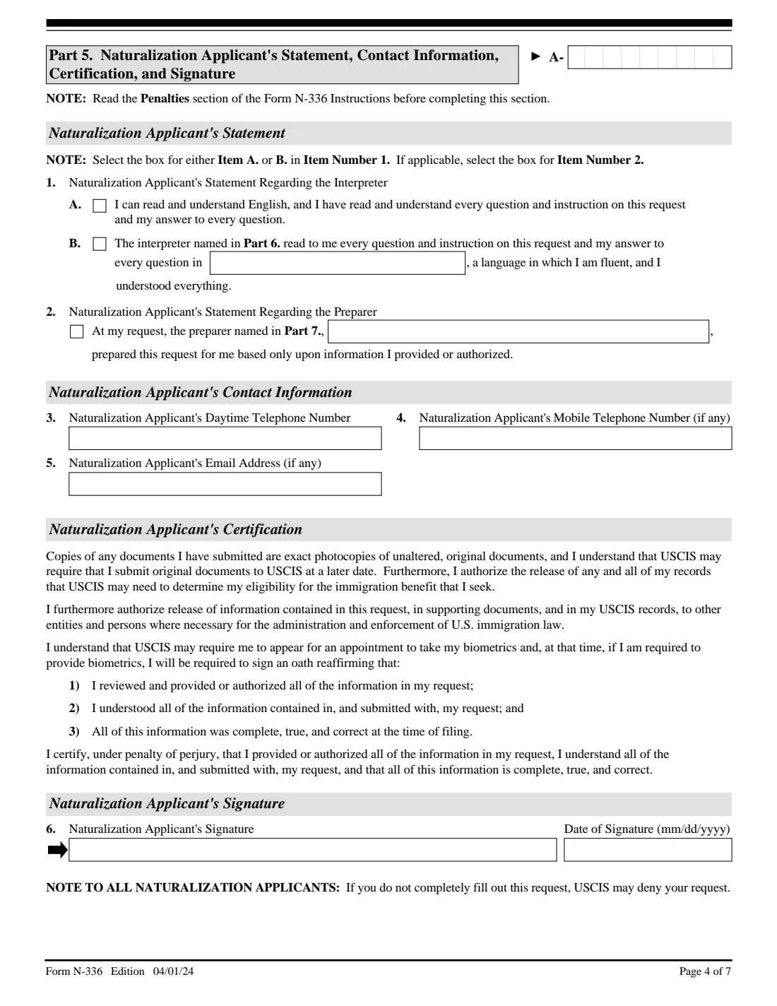Form N-336 (2024) Request for a Hearing on a Decision in Naturalization Proceedings (Under Section 336 of the INA) — page 4 of 7