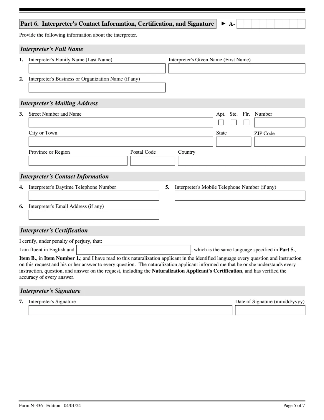 Form N-336 (2024) Request for a Hearing on a Decision in Naturalization Proceedings (Under Section 336 of the INA) — page 5 of 7