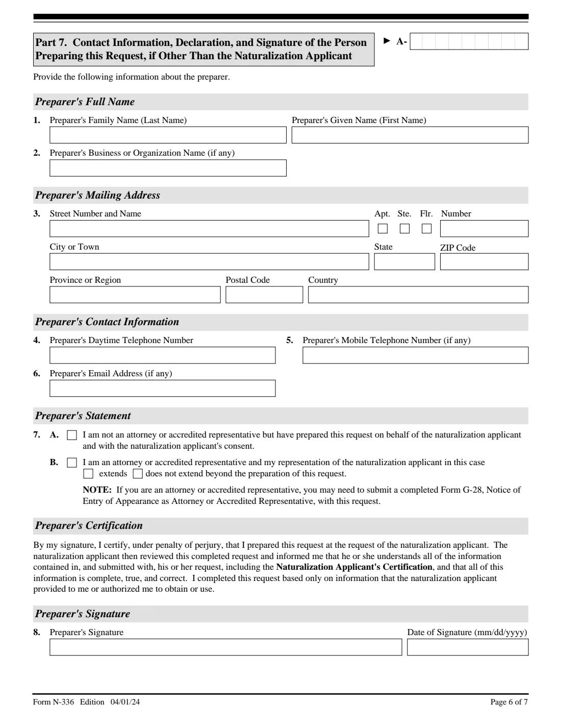 Form N-336 (2024) Request for a Hearing on a Decision in Naturalization Proceedings (Under Section 336 of the INA) — page 6 of 7
