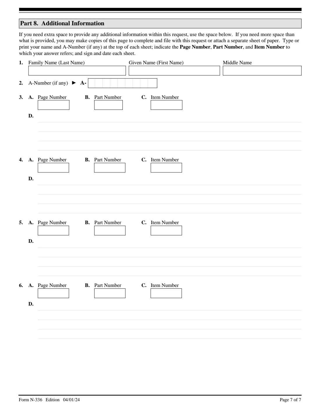 Form N-336 (2024) Request for a Hearing on a Decision in Naturalization Proceedings (Under Section 336 of the INA) — page 7 of 7