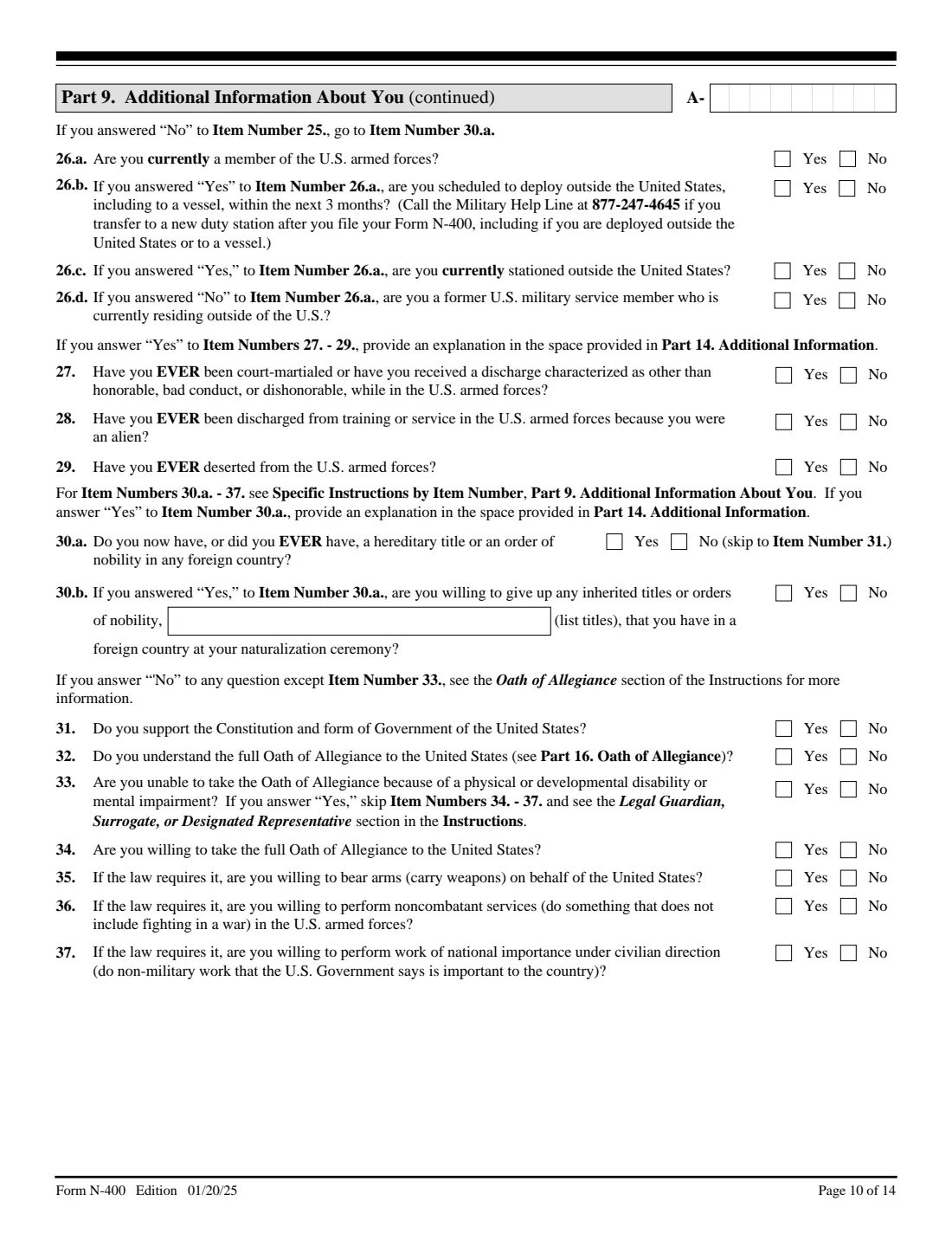 Form N-400 (2025) Application for Naturalization — page 10 of 14