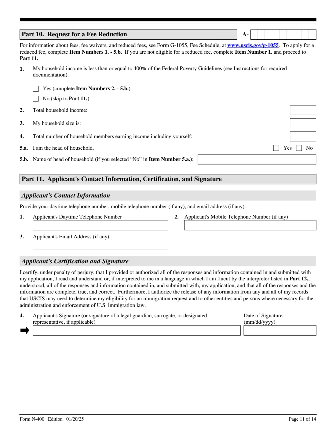 Form N-400 (2025) Application for Naturalization — page 11 of 14