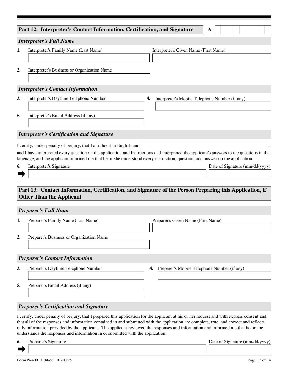 Form N-400 (2025) Application for Naturalization — page 12 of 14