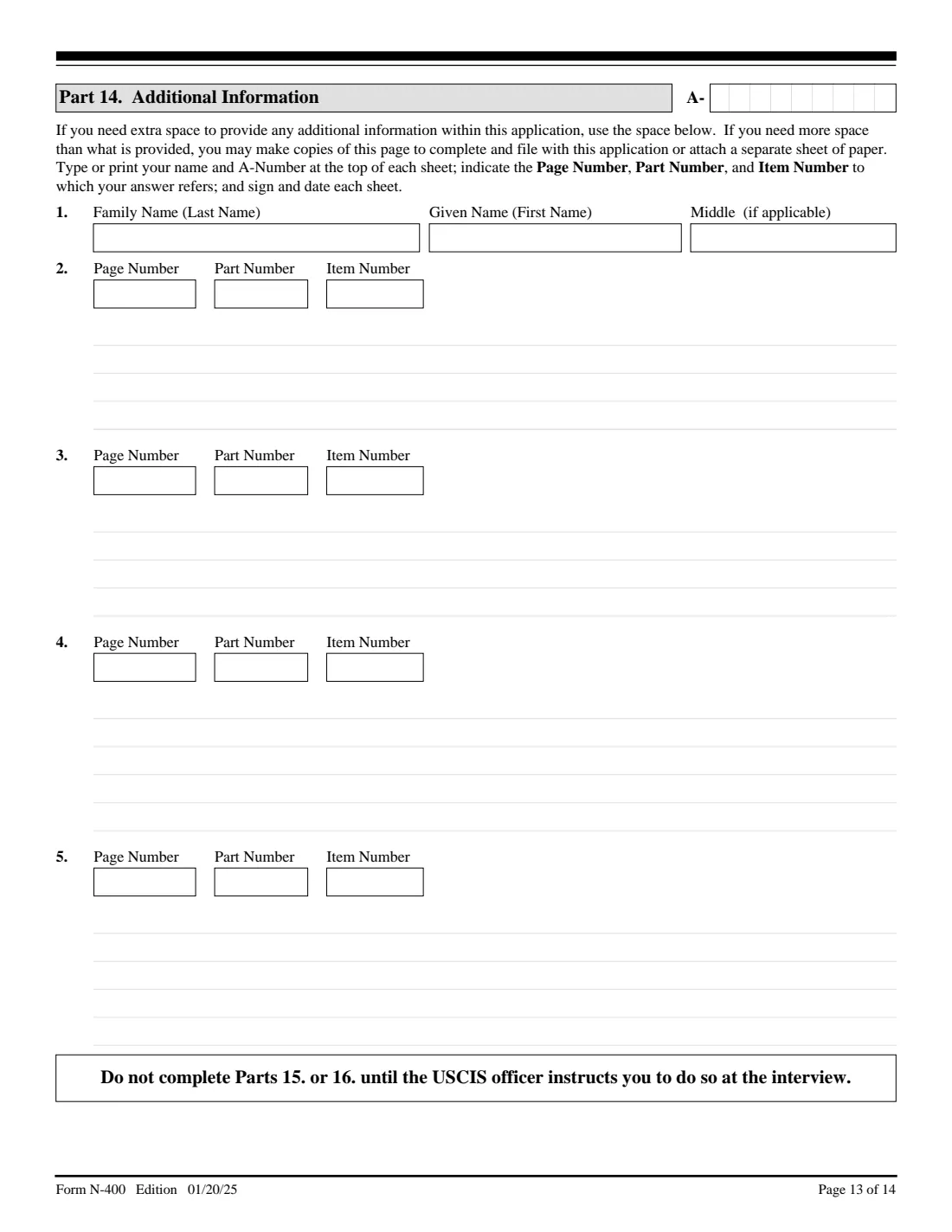 Form N-400 (2025) Application for Naturalization — page 13 of 14