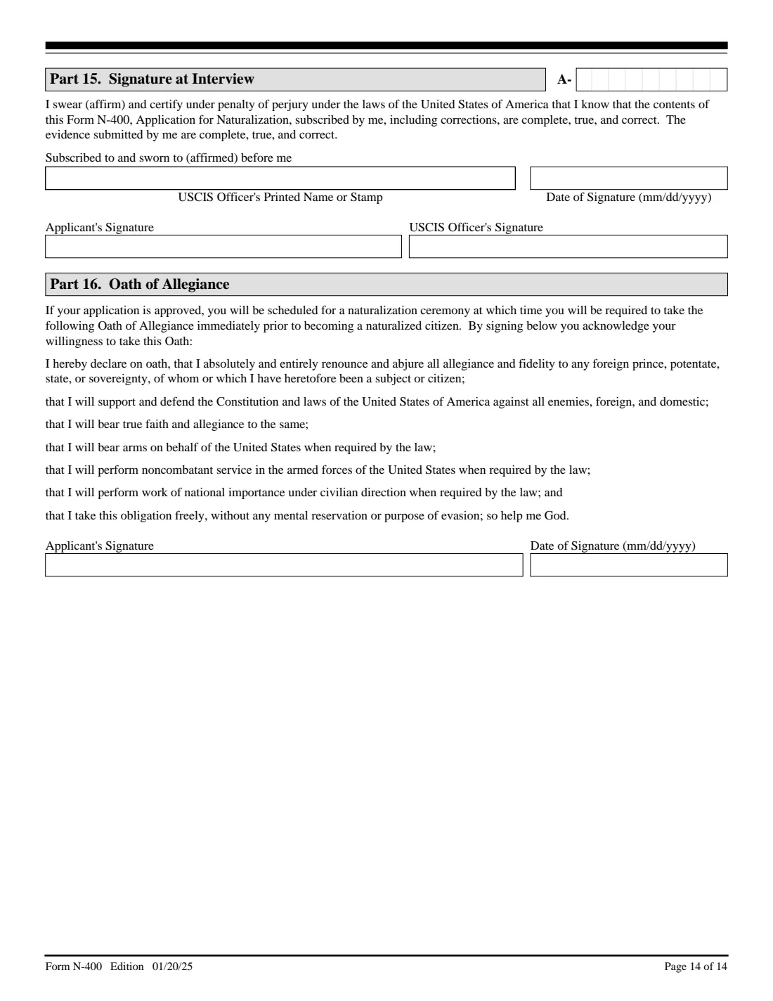 Form N-400 (2025) Application for Naturalization — page 14 of 14