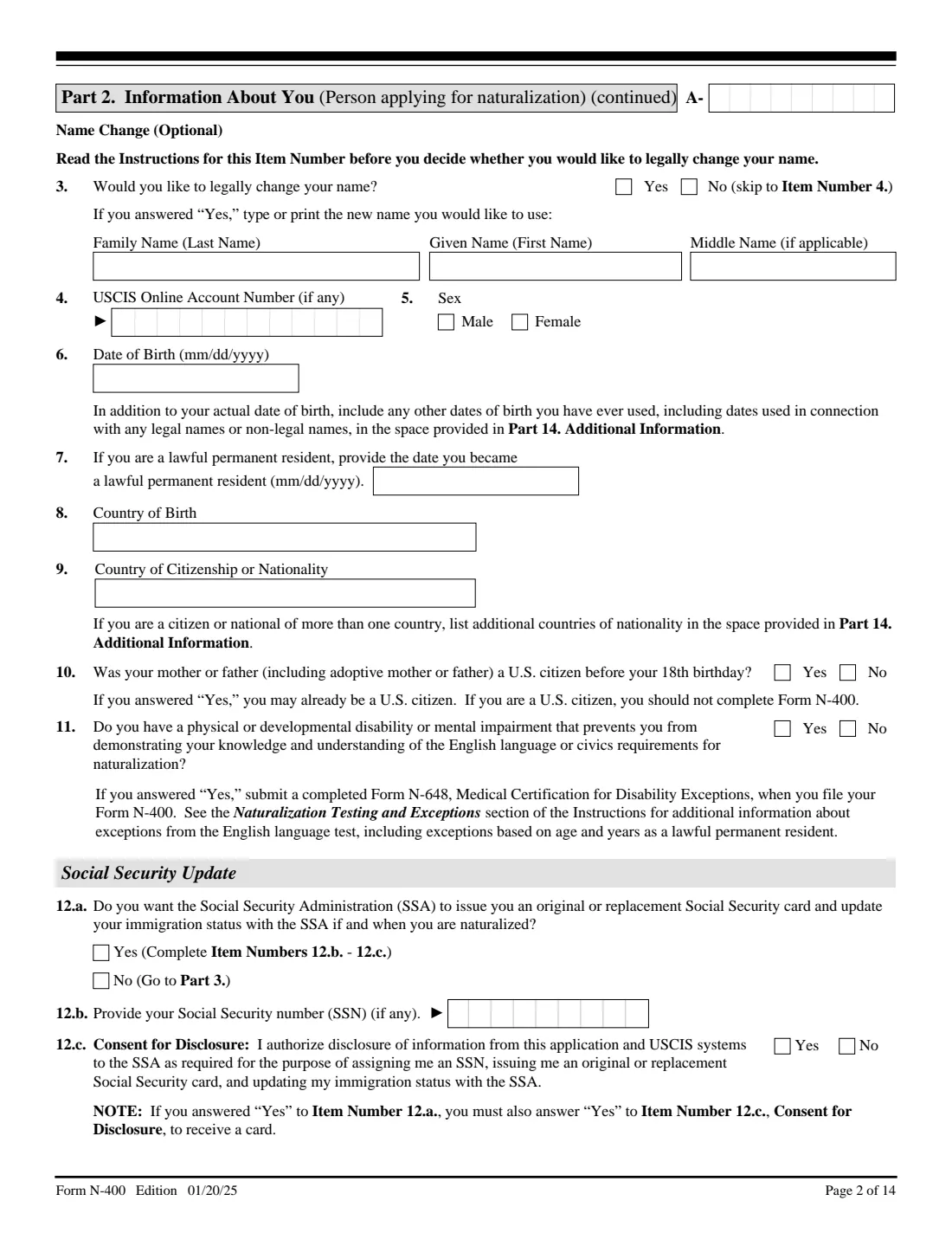 Form N-400 (2025) Application for Naturalization — page 2 of 14