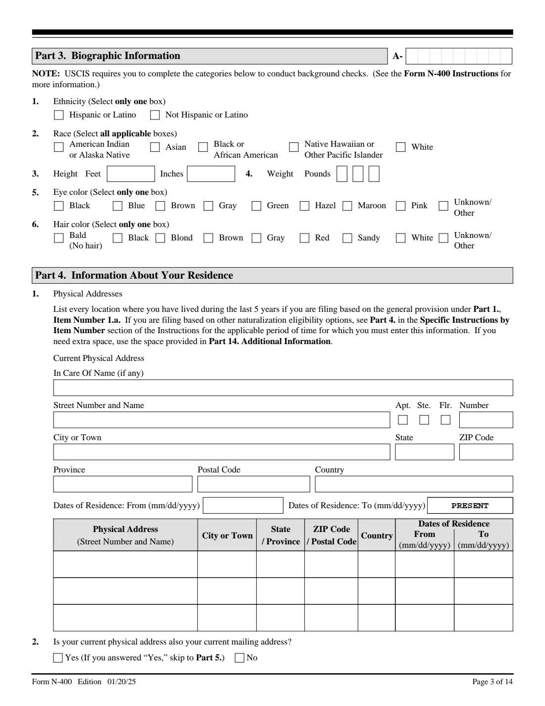Form N-400 (2025) Application for Naturalization — page 3 of 14