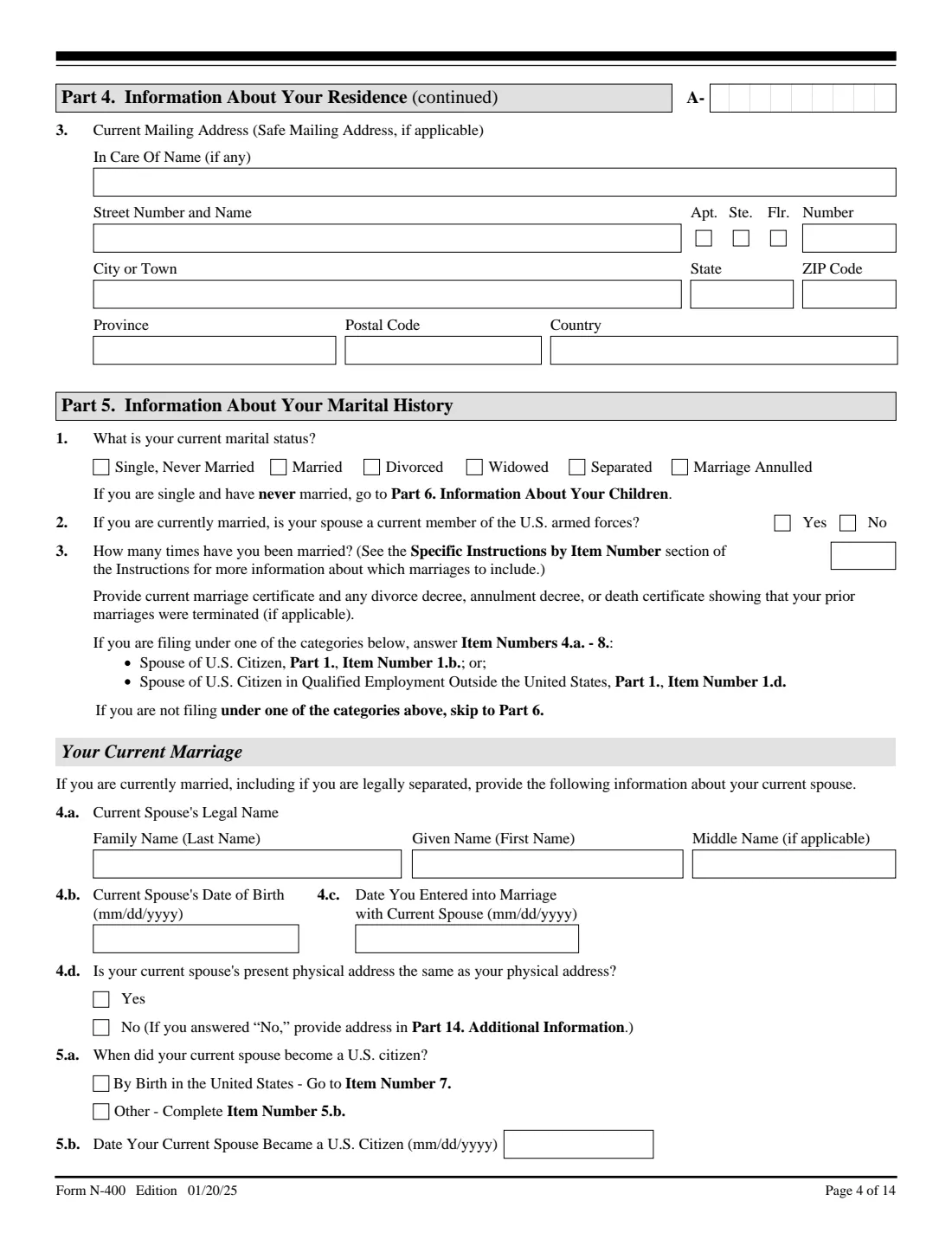 Form N-400 (2025) Application for Naturalization — page 4 of 14