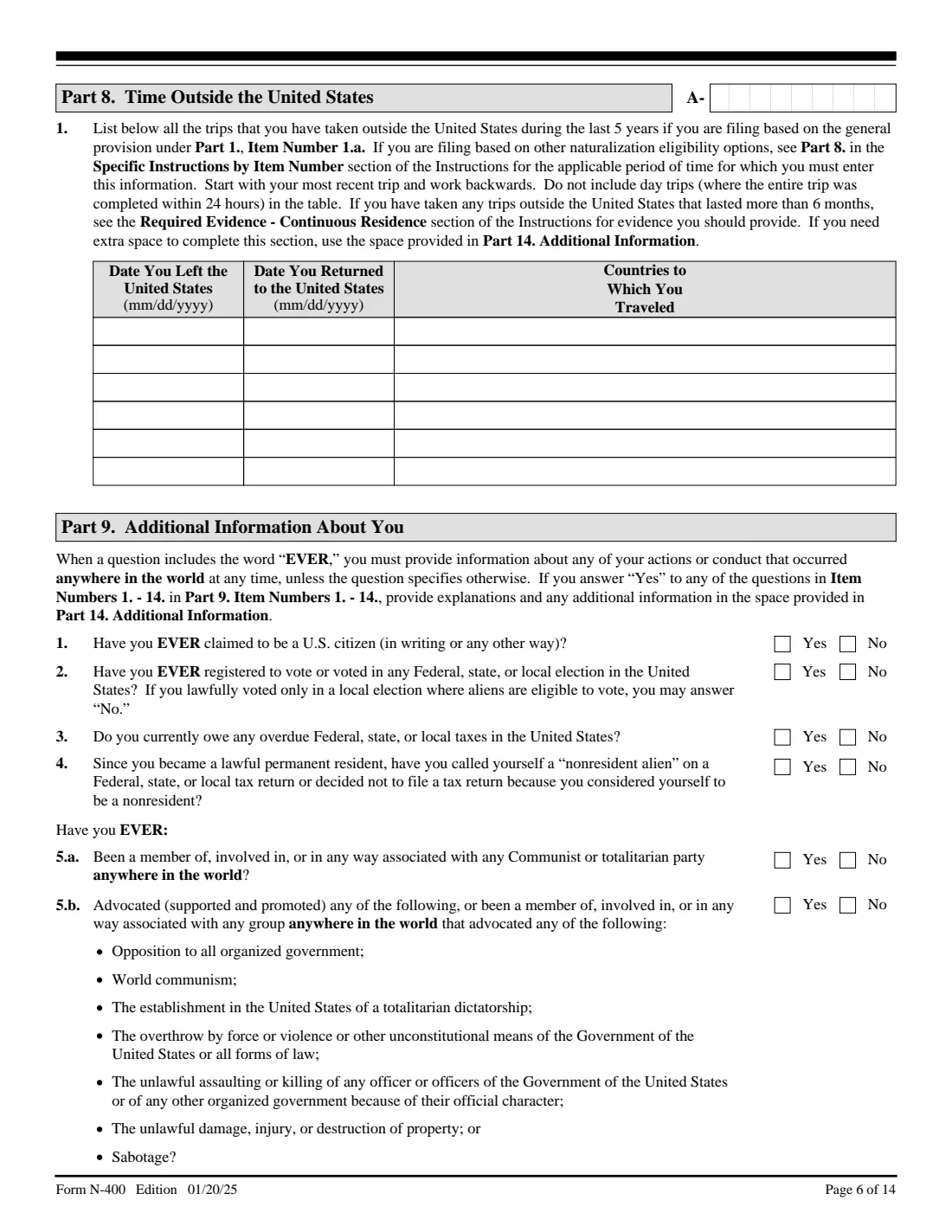 Form N-400 (2025) Application for Naturalization — page 6 of 14
