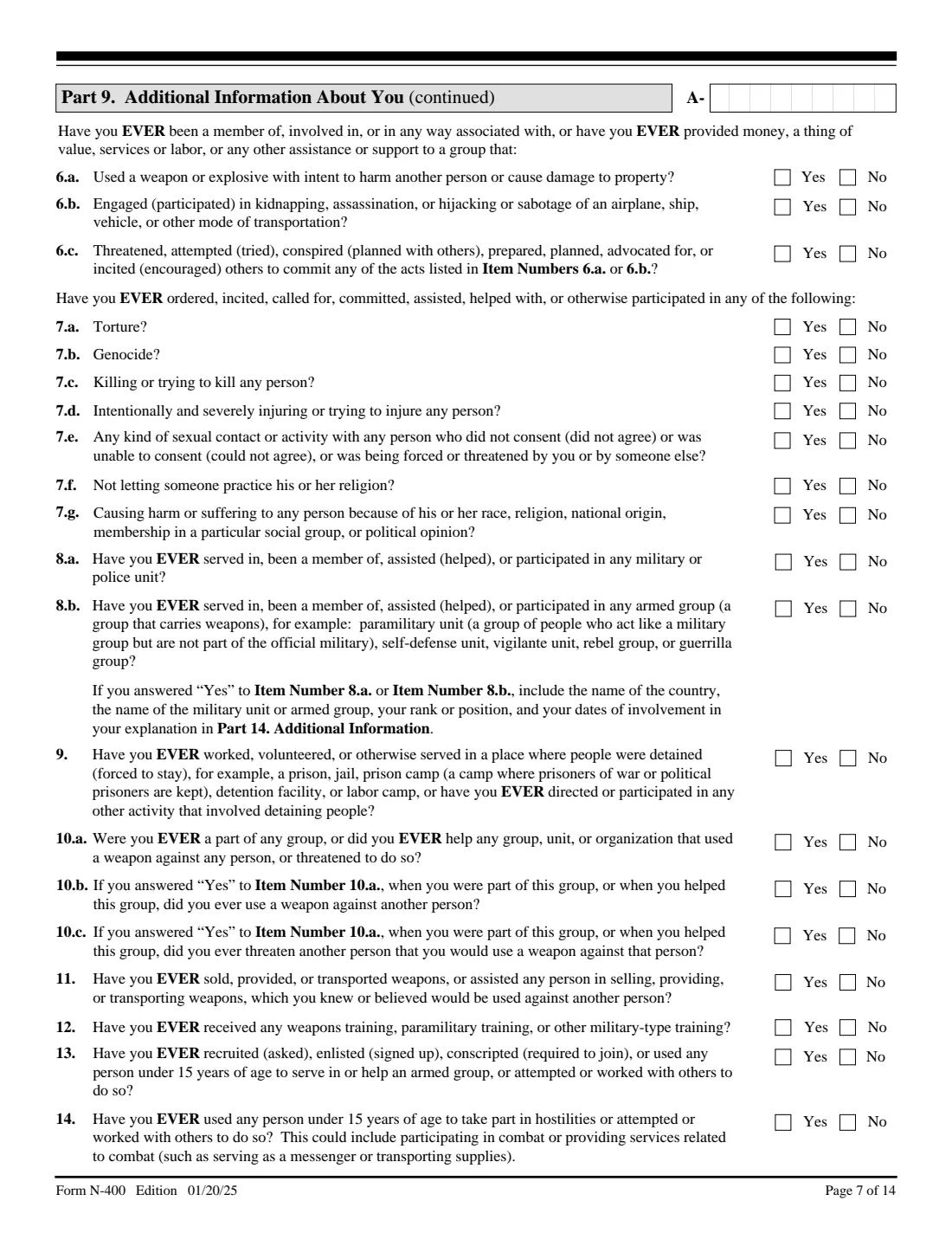 Form N-400 (2025) Application for Naturalization — page 7 of 14