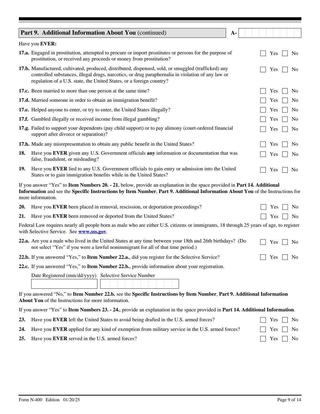 Form N-400 (2025) Application for Naturalization — page 9 of 14