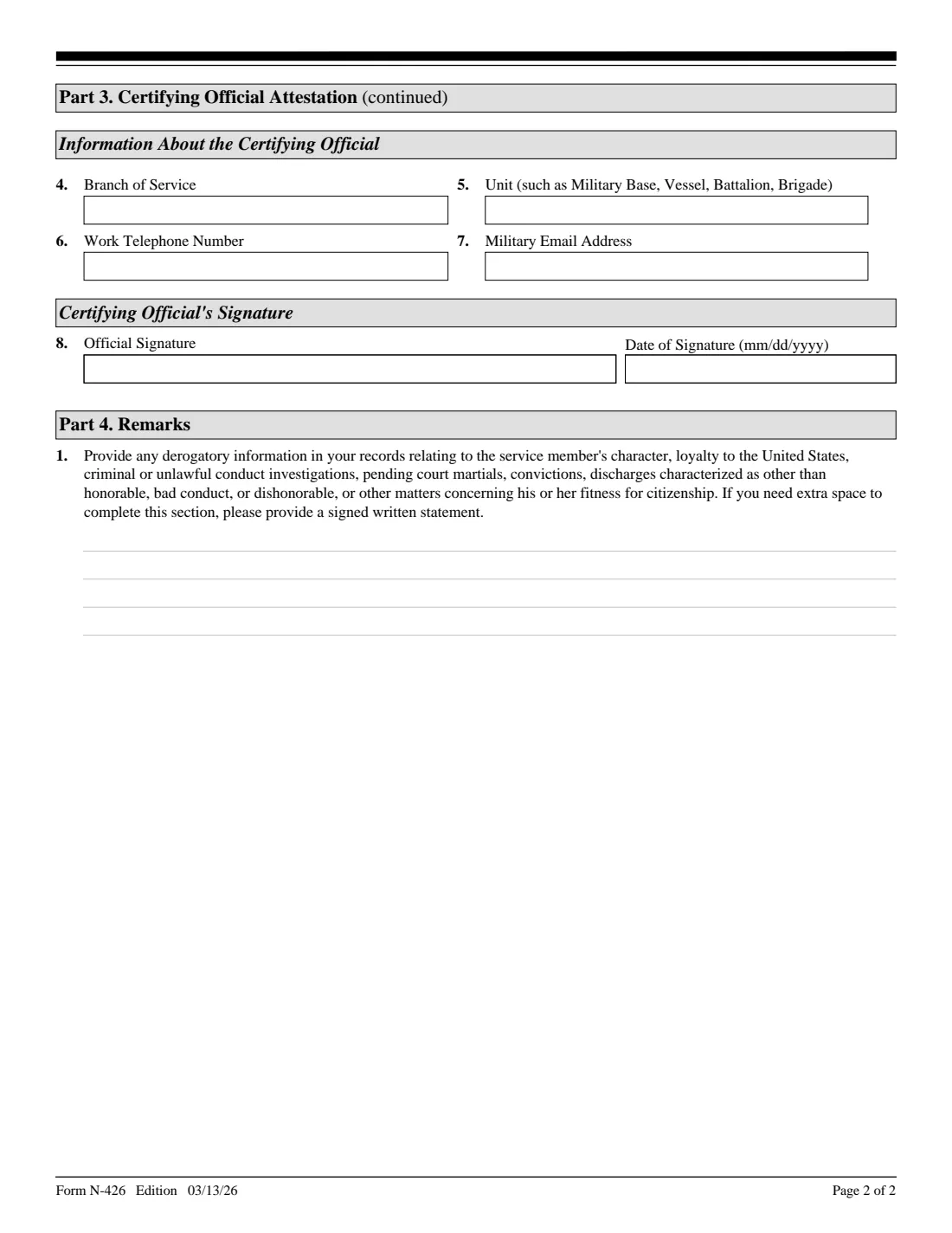 Form N-426 (2026) Request for Certification of Military or Naval Service — page 2 of 2
