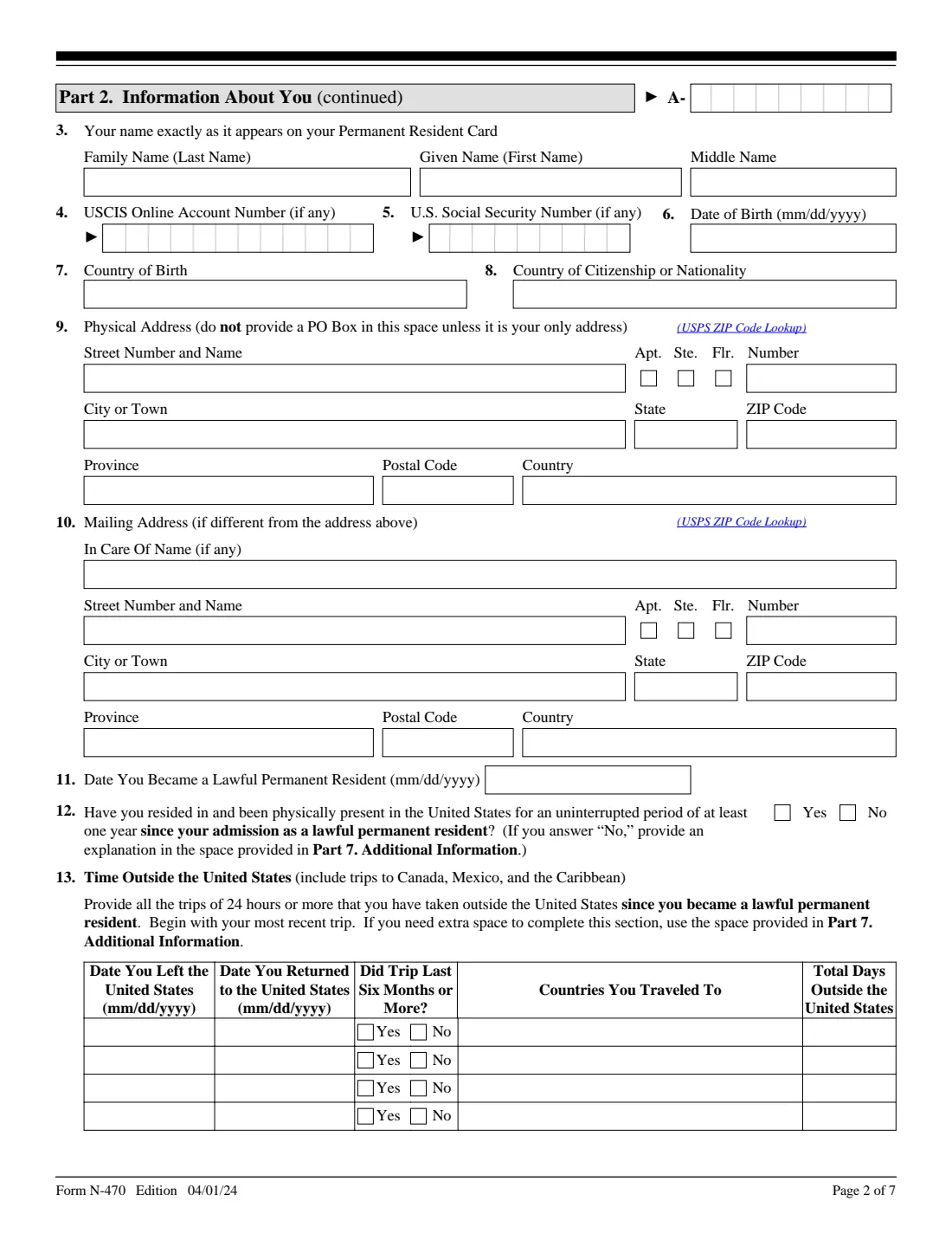 Form N-470 (2024) Application to Preserve Residence for Naturalization Purposes — page 2 of 7