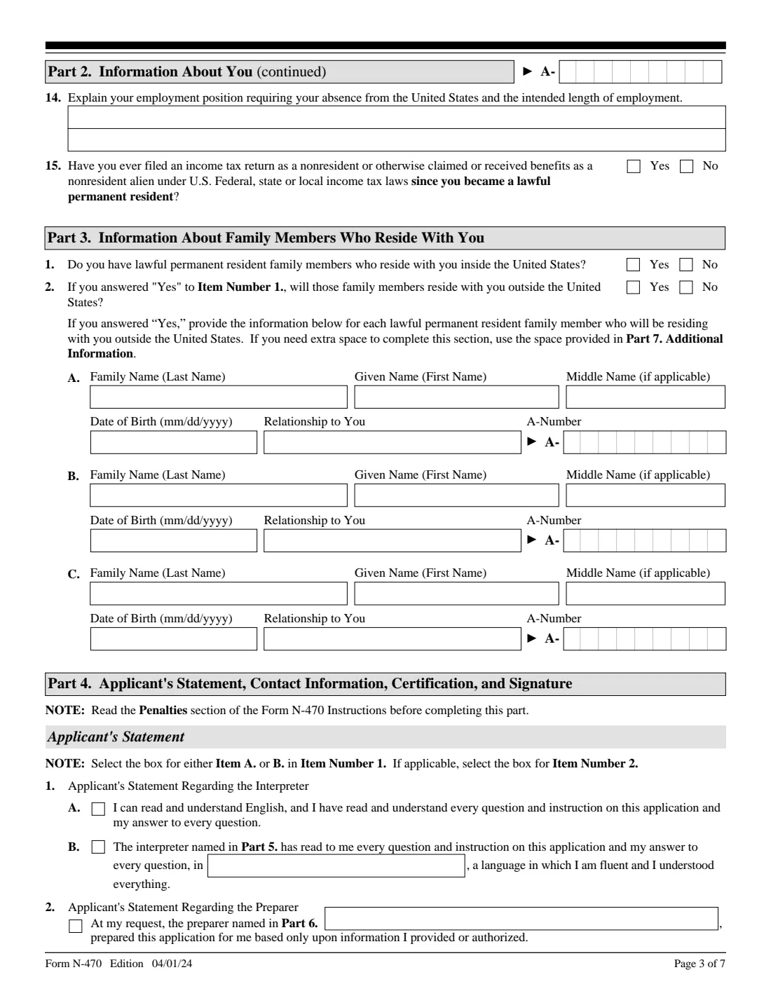Form N-470 (2024) Application to Preserve Residence for Naturalization Purposes — page 3 of 7