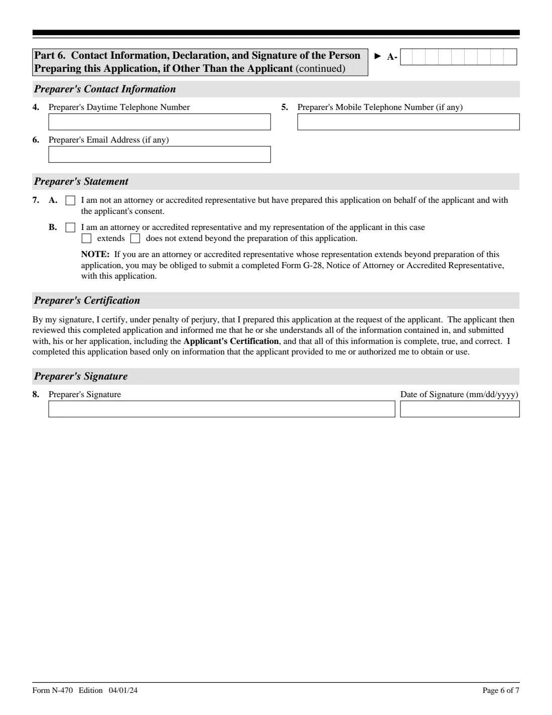 Form N-470 (2024) Application to Preserve Residence for Naturalization Purposes — page 6 of 7