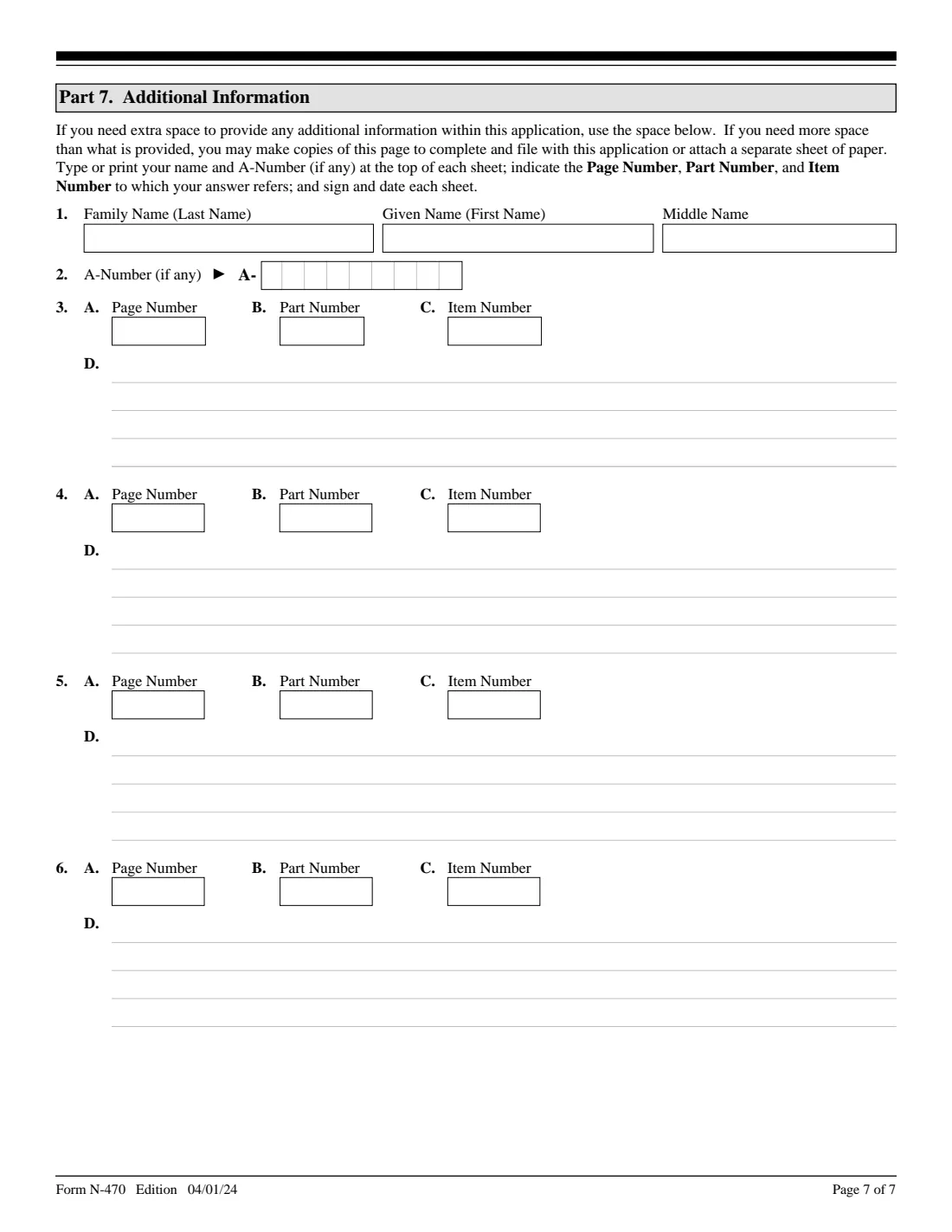 Form N-470 (2024) Application to Preserve Residence for Naturalization Purposes — page 7 of 7