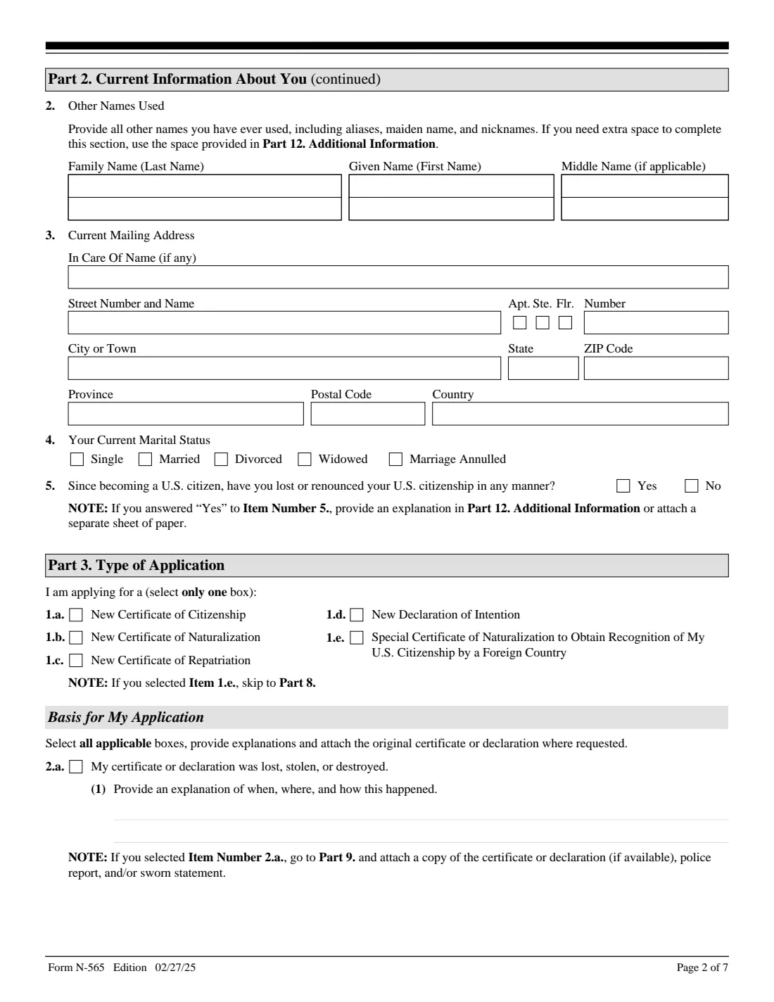 Form N-565 (2025) Application for Replacement Naturalization/Citizenship Document — page 2 of 7