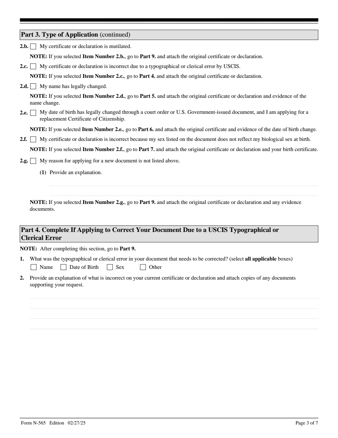 Form N-565 (2025) Application for Replacement Naturalization/Citizenship Document — page 3 of 7