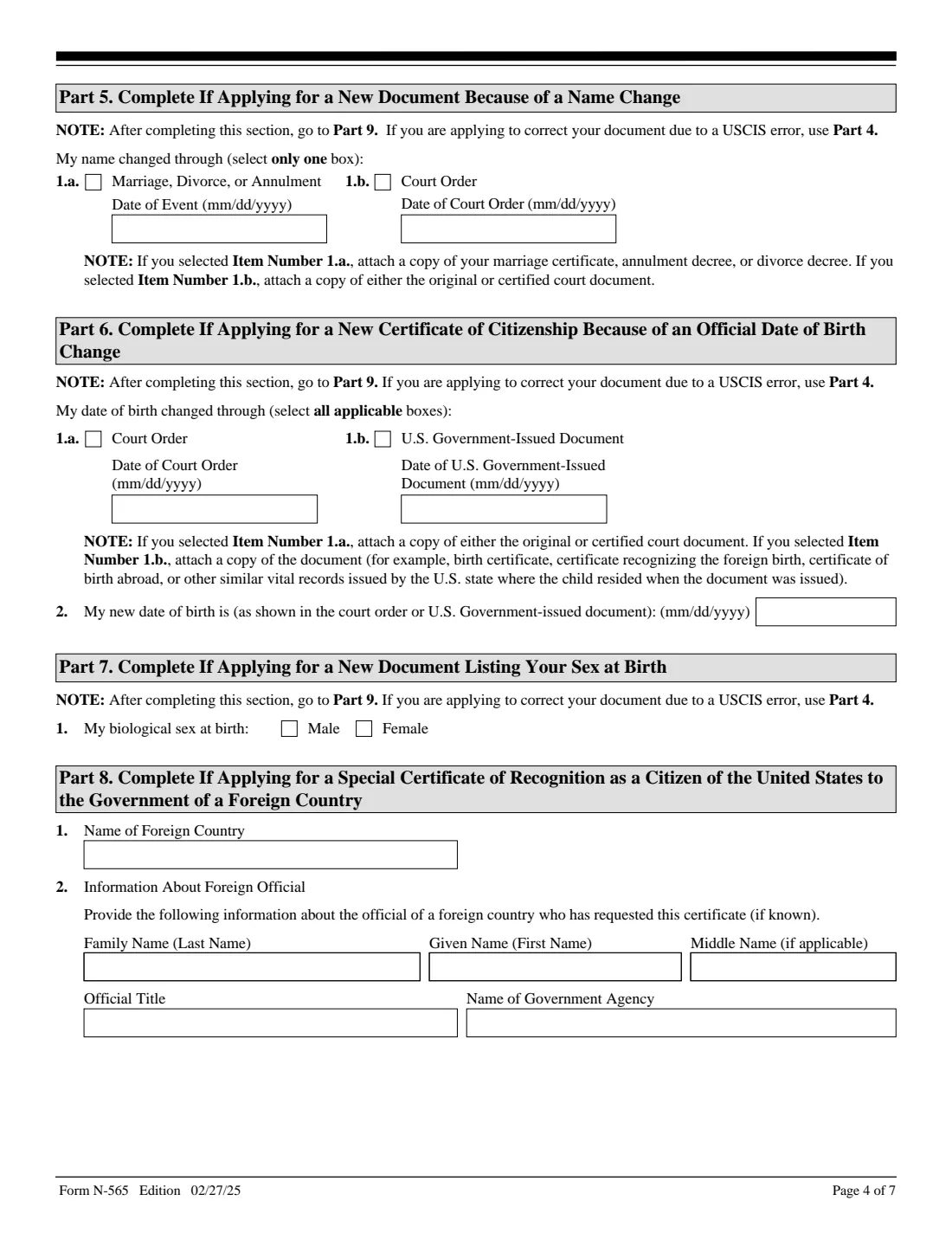 Form N-565 (2025) Application for Replacement Naturalization/Citizenship Document — page 4 of 7