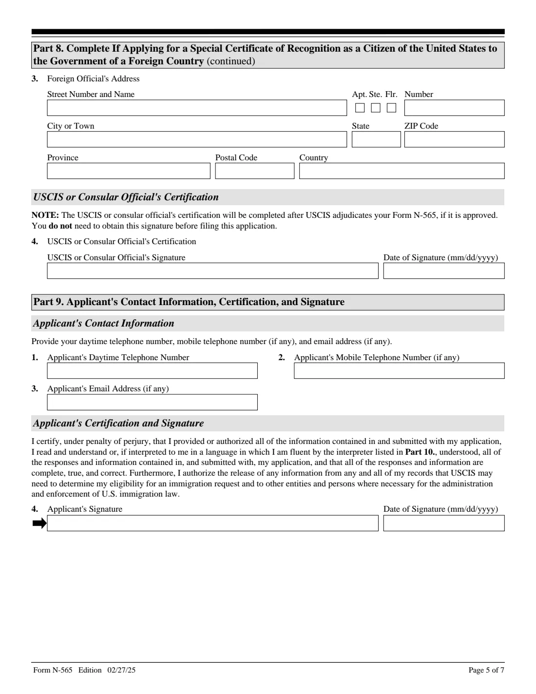 Form N-565 (2025) Application for Replacement Naturalization/Citizenship Document — page 5 of 7