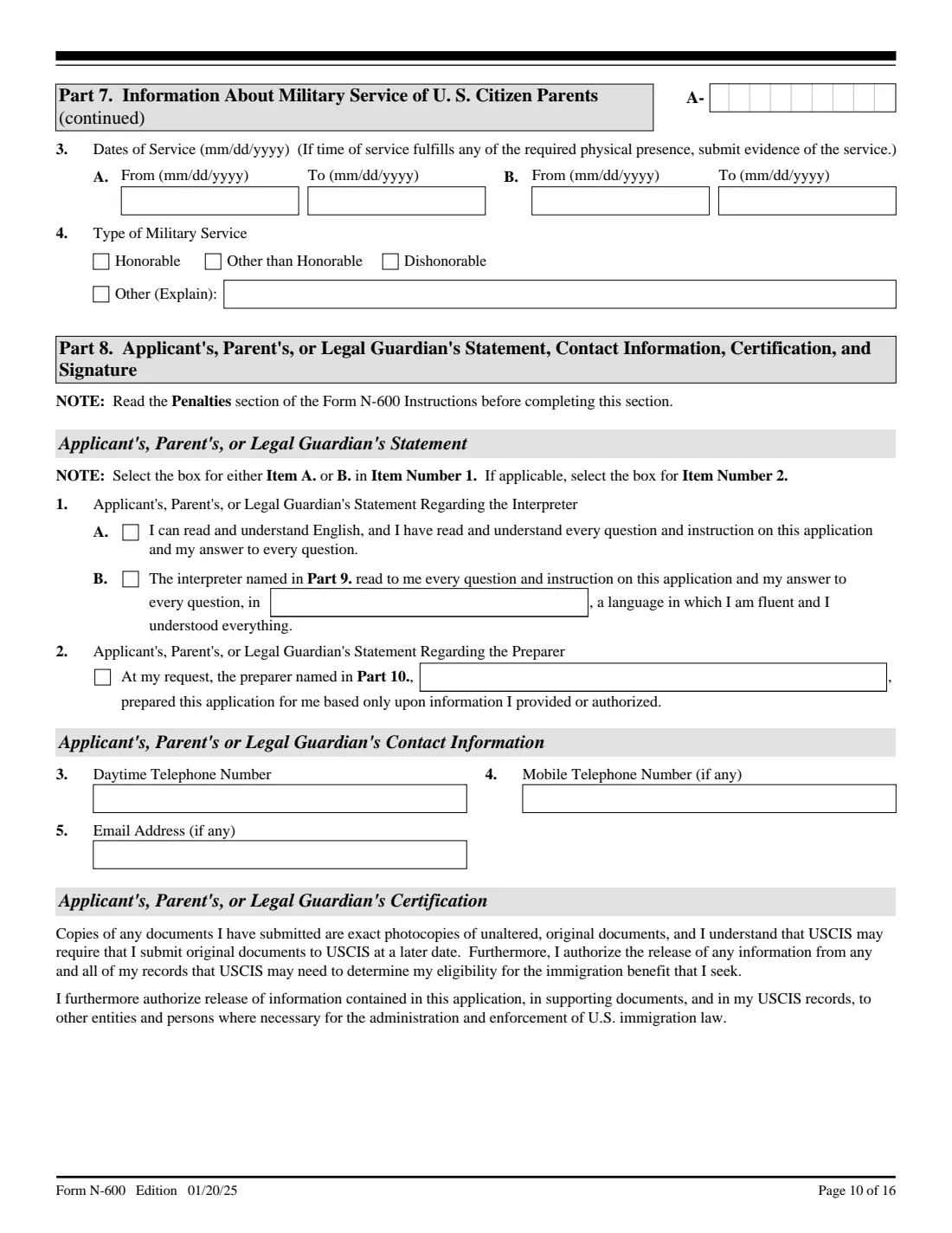 Form N-600 (2025) Application for Certificate of Citizenship — page 10 of 16