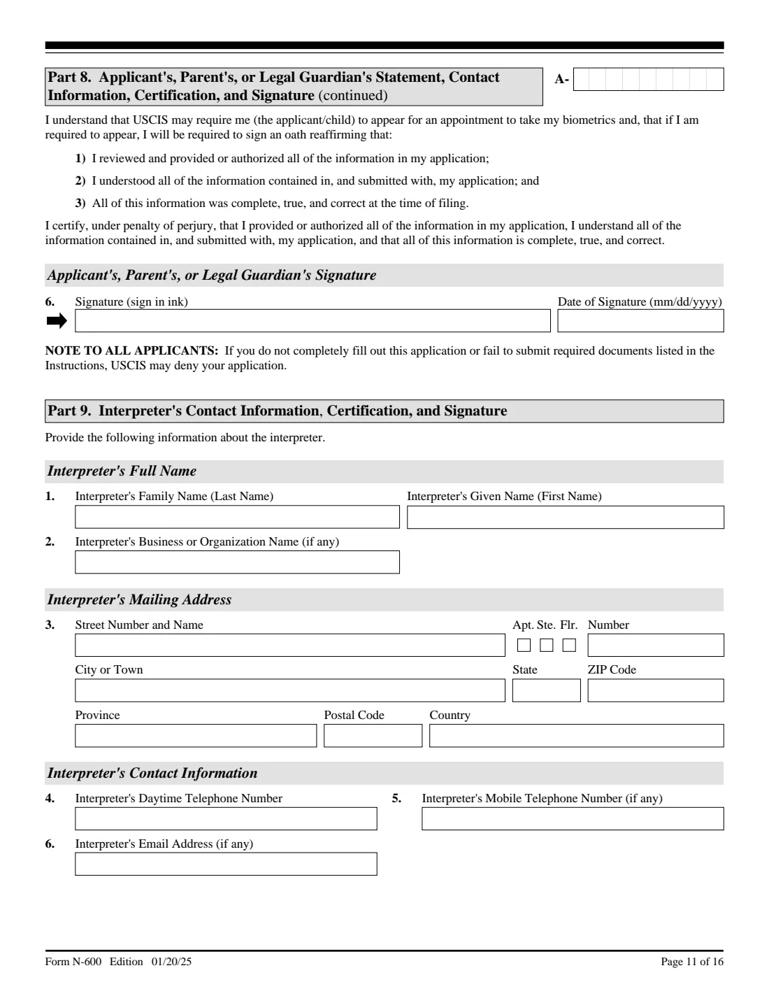 Form N-600 (2025) Application for Certificate of Citizenship — page 11 of 16