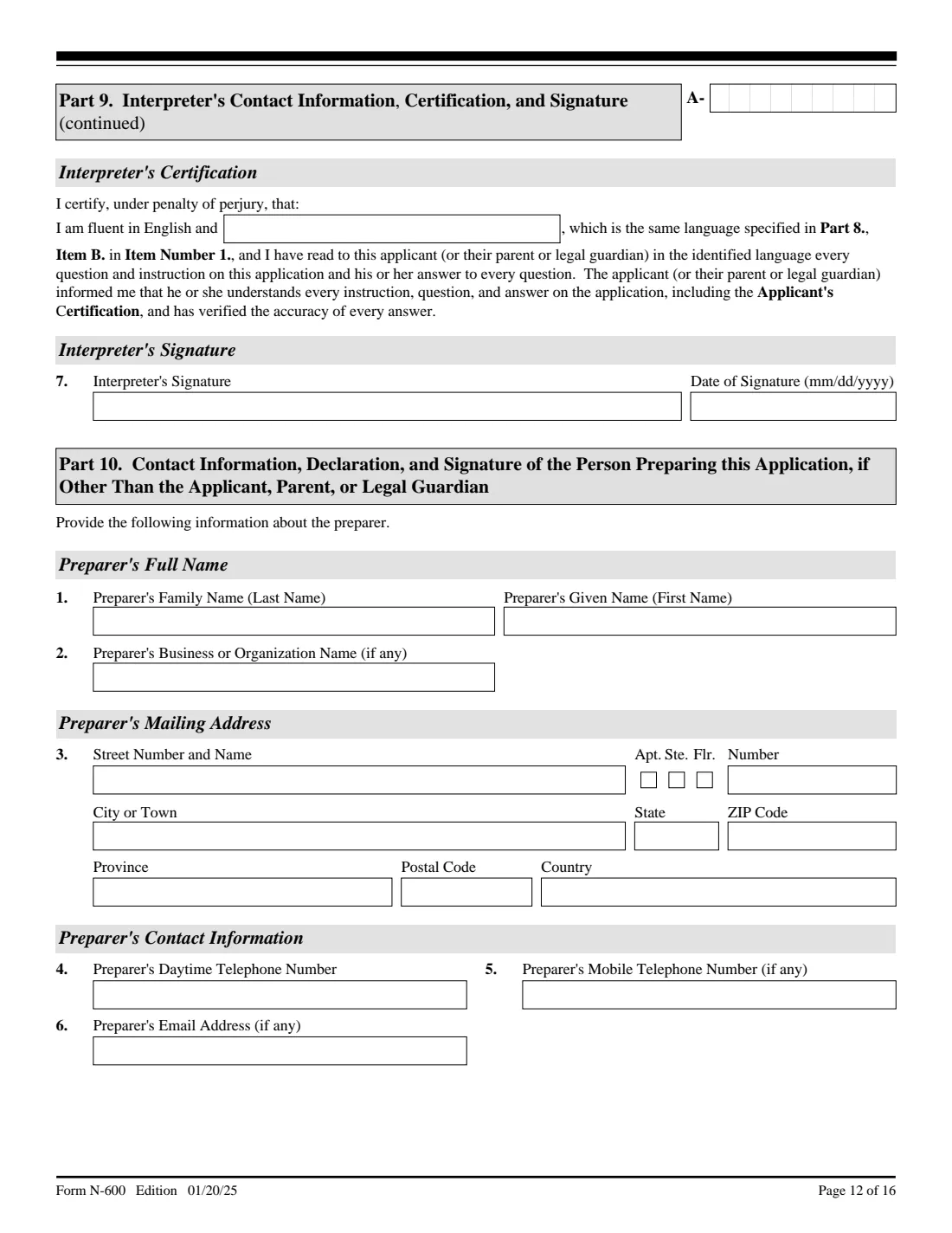 Form N-600 (2025) Application for Certificate of Citizenship — page 12 of 16