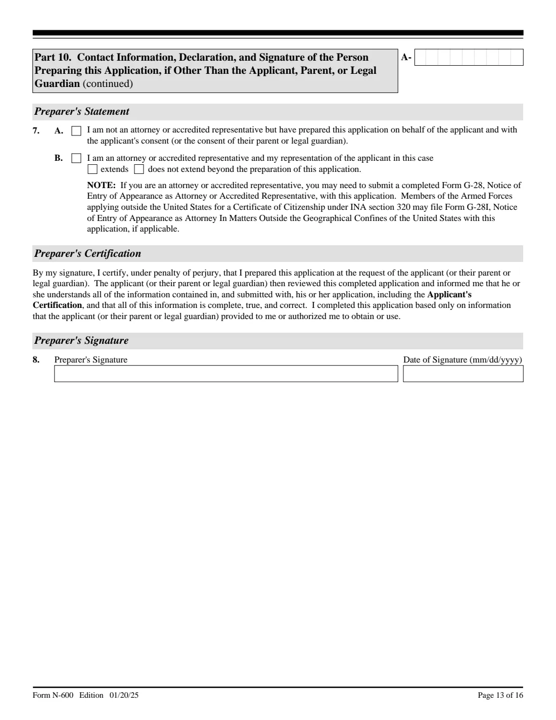 Form N-600 (2025) Application for Certificate of Citizenship — page 13 of 16