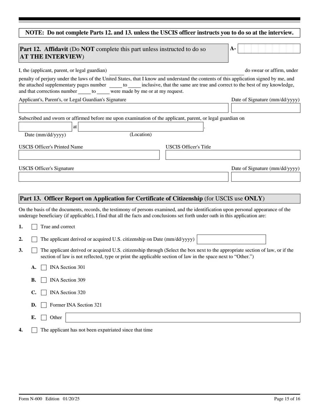 Form N-600 (2025) Application for Certificate of Citizenship — page 15 of 16