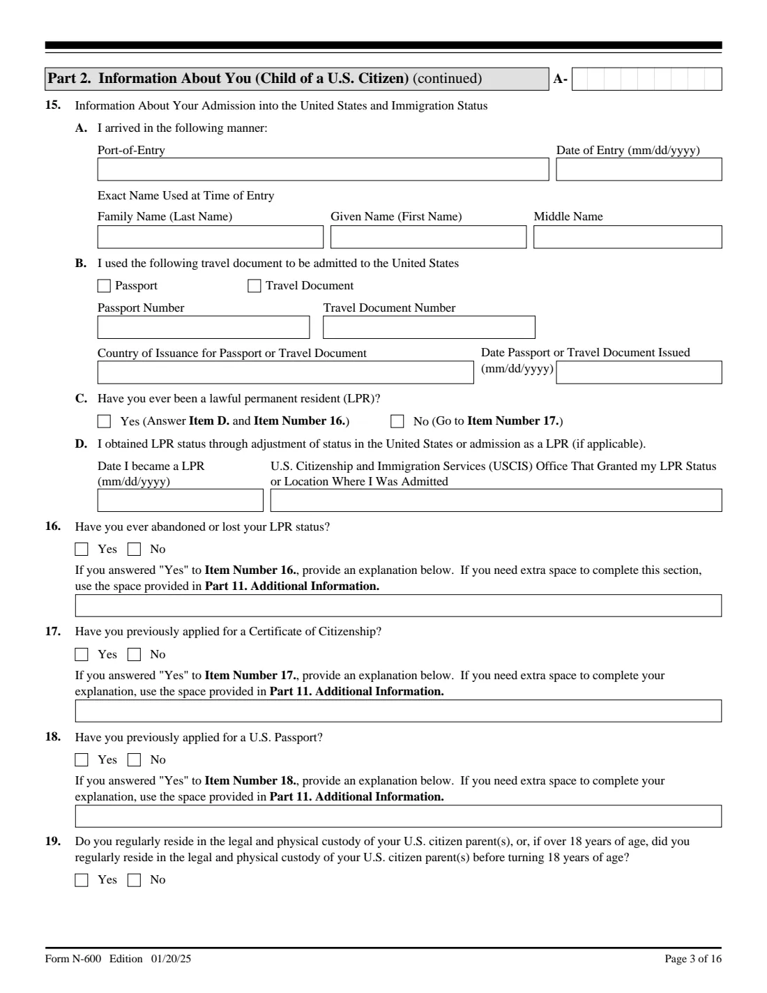 Form N-600 (2025) Application for Certificate of Citizenship — page 3 of 16