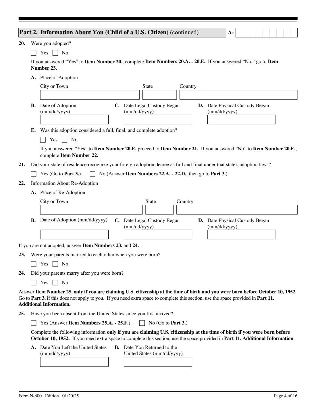 Form N-600 (2025) Application for Certificate of Citizenship — page 4 of 16
