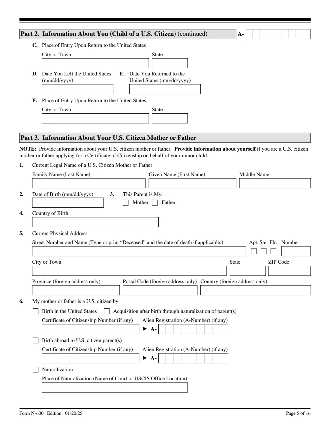 Form N-600 (2025) Application for Certificate of Citizenship — page 5 of 16