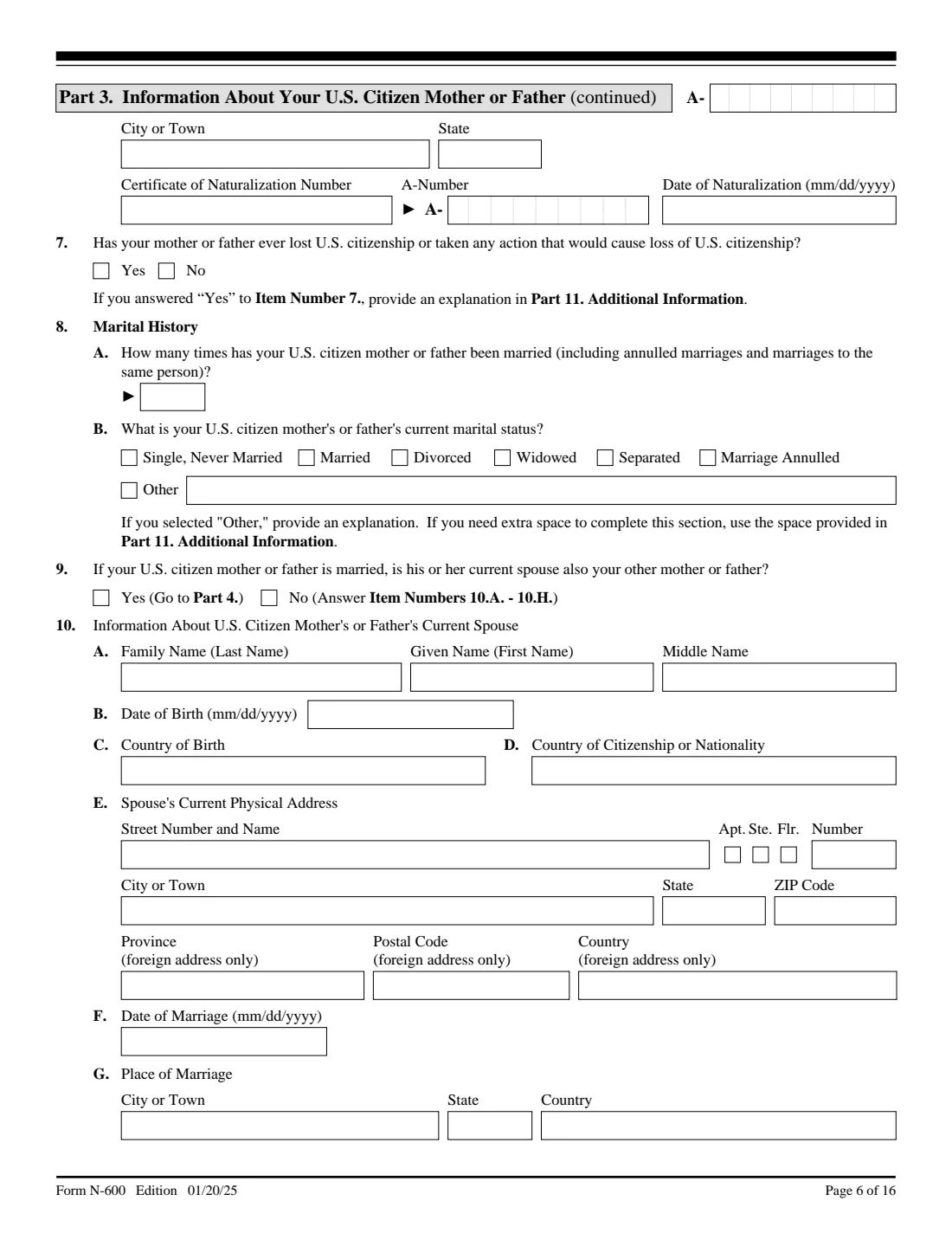 Form N-600 (2025) Application for Certificate of Citizenship — page 6 of 16