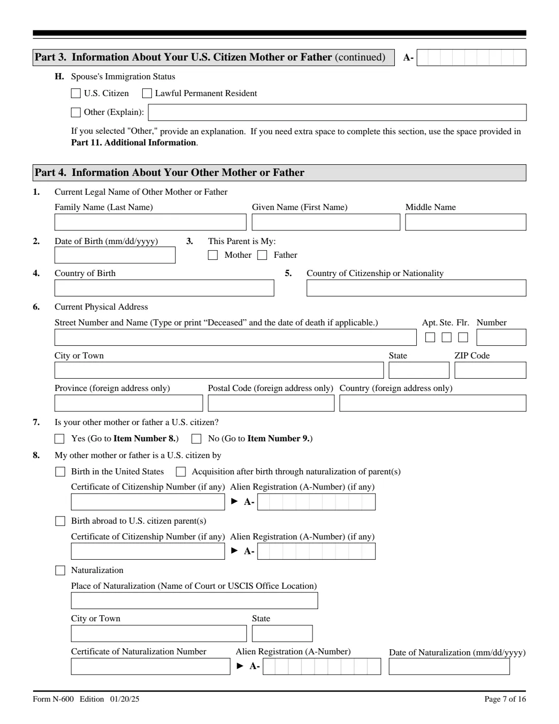 Form N-600 (2025) Application for Certificate of Citizenship — page 7 of 16