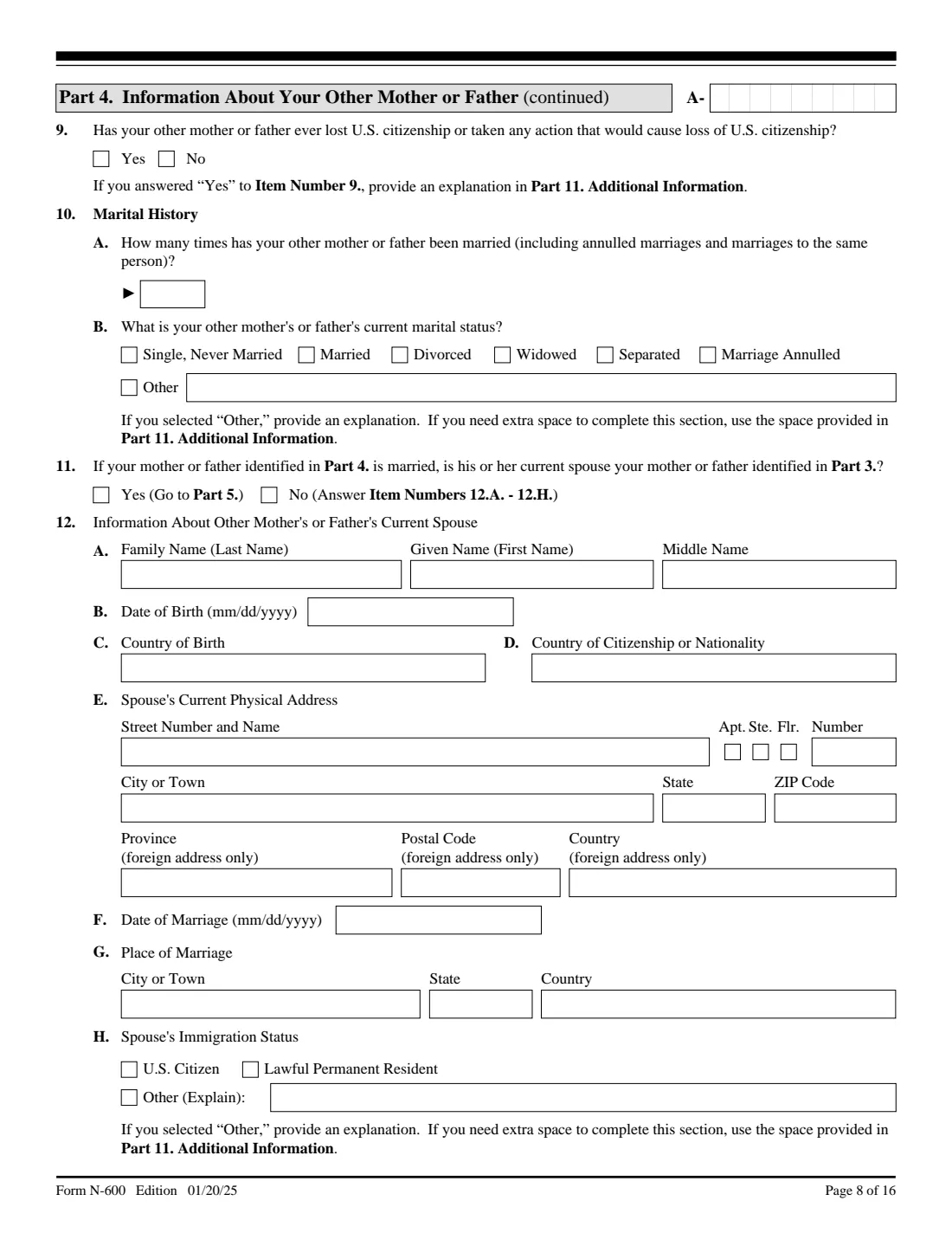 Form N-600 (2025) Application for Certificate of Citizenship — page 8 of 16