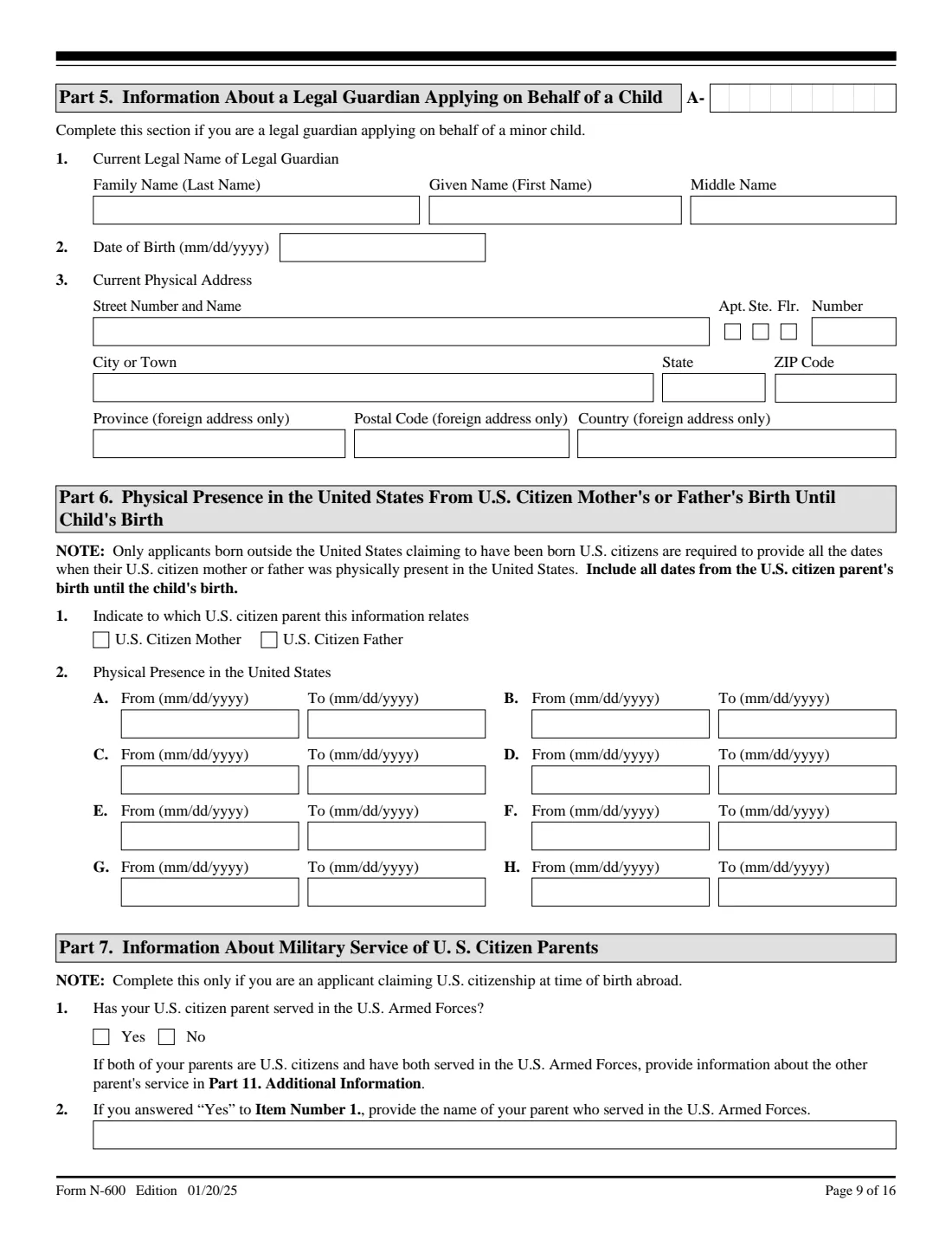 Form N-600 (2025) Application for Certificate of Citizenship — page 9 of 16