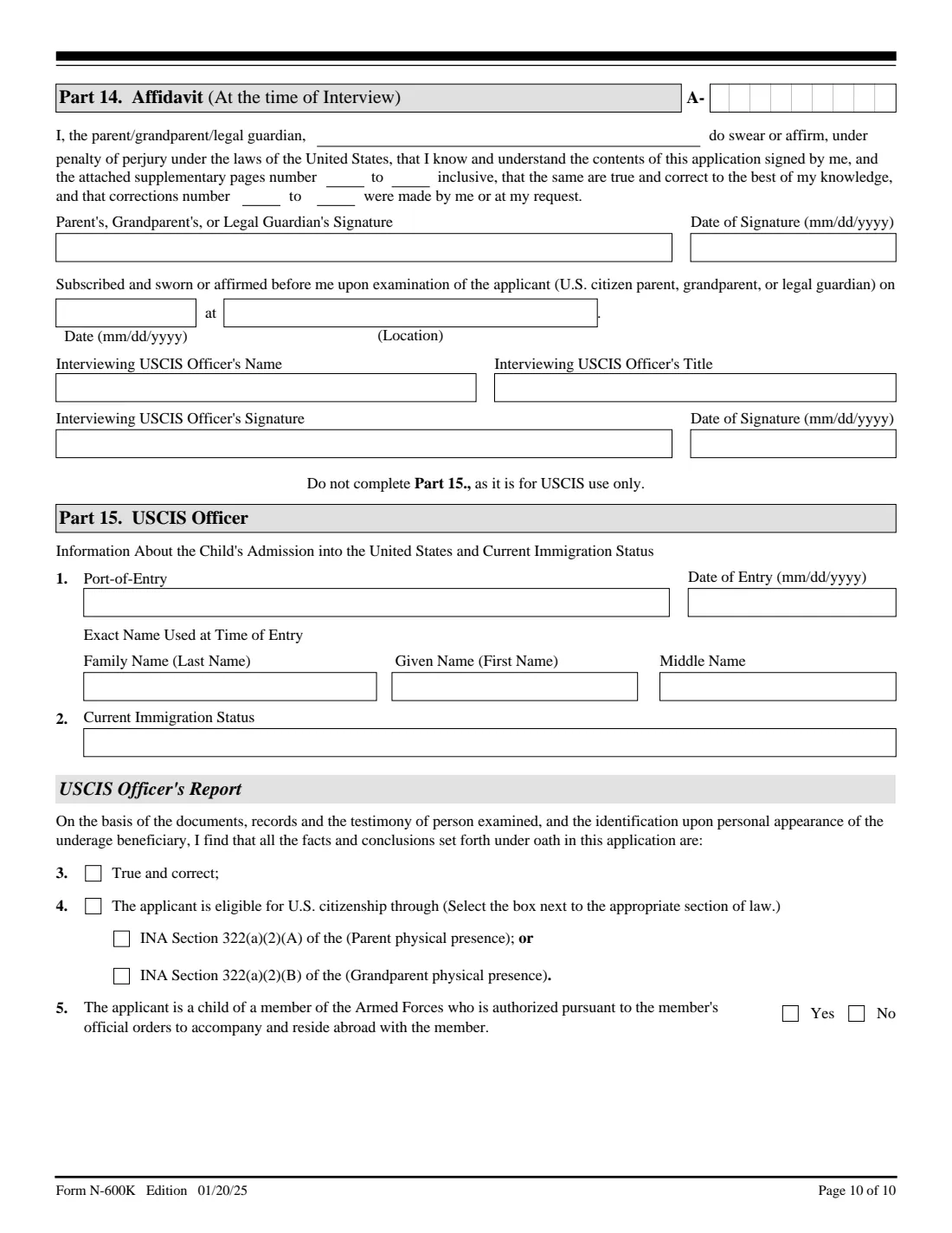 Form N-600K (2025) Application for Citizenship and Issuance of Certificate Under Section 322 — page 10 of 10