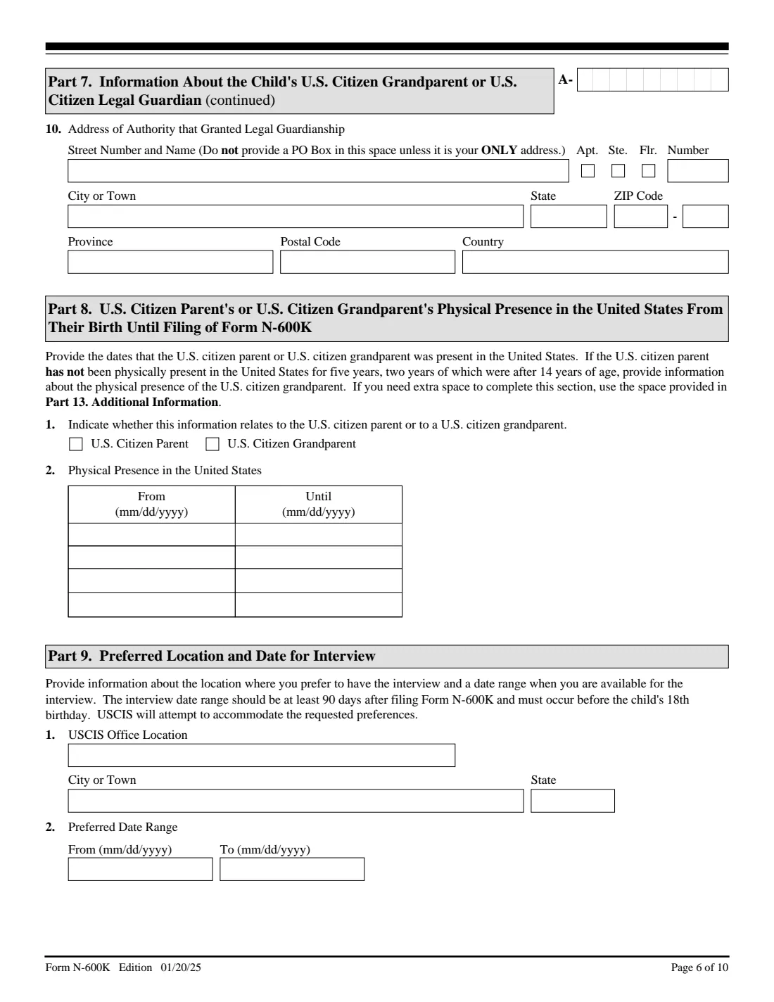 Form N-600K (2025) Application for Citizenship and Issuance of Certificate Under Section 322 — page 6 of 10
