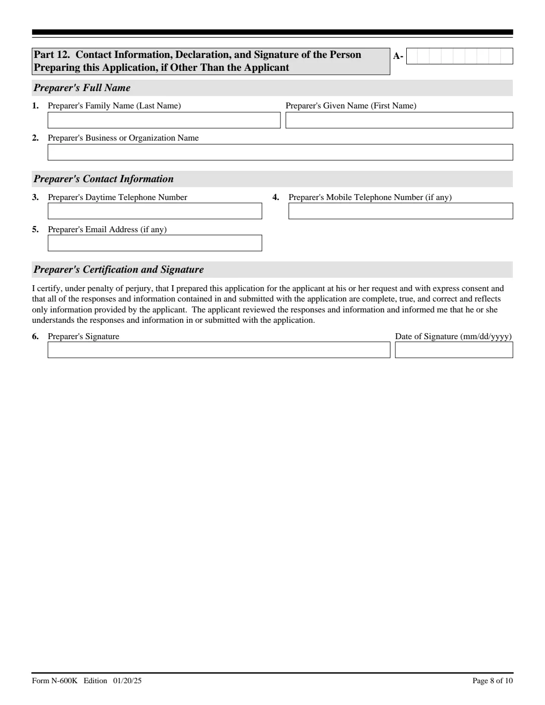 Form N-600K (2025) Application for Citizenship and Issuance of Certificate Under Section 322 — page 8 of 10