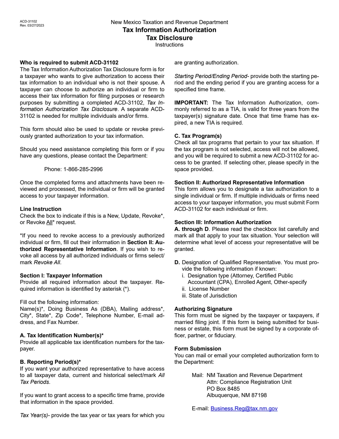 Form ACD-31102 (2023) Tax Information Authorization / Tax Disclosure (New Mexico) — page 2 of 2
