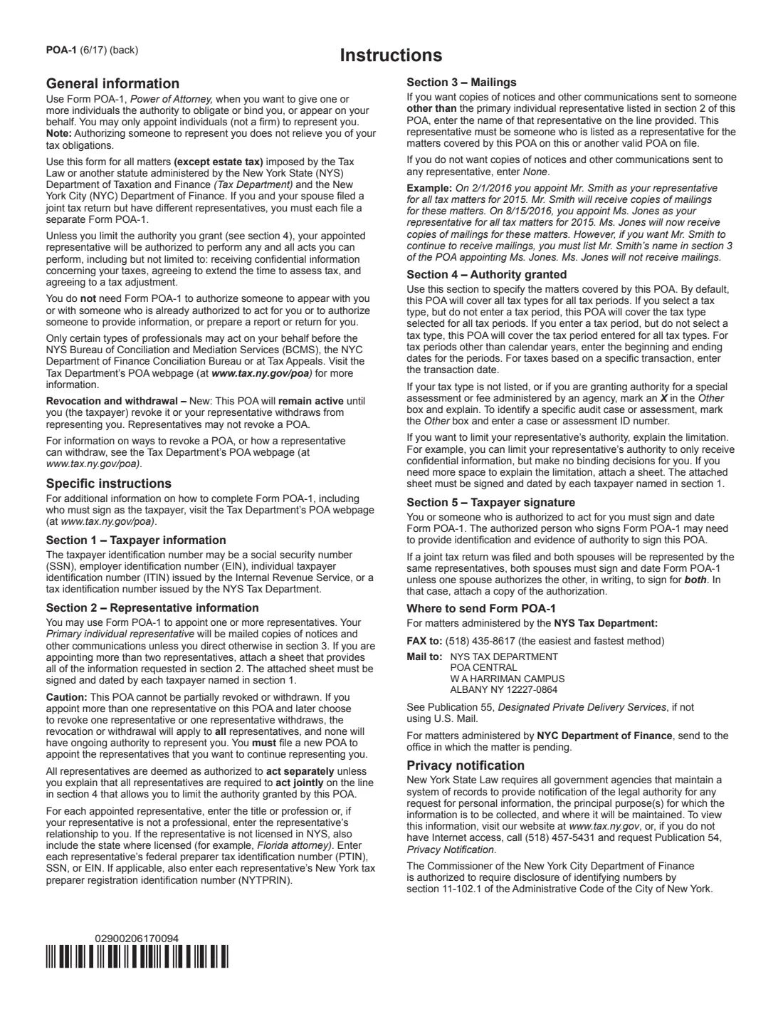 Form POA-1 (2017) Power of Attorney (New York State and New York City tax) — page 2 of 2