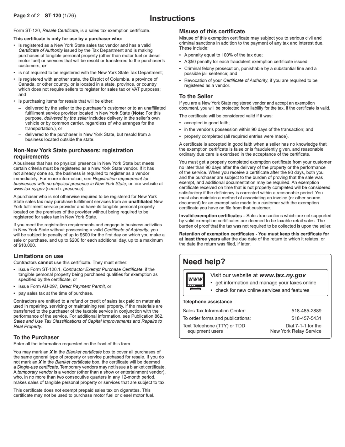 Form ST-120 (2026) New York State and Local Sales and Use Tax Resale Certificate — page 2 of 2