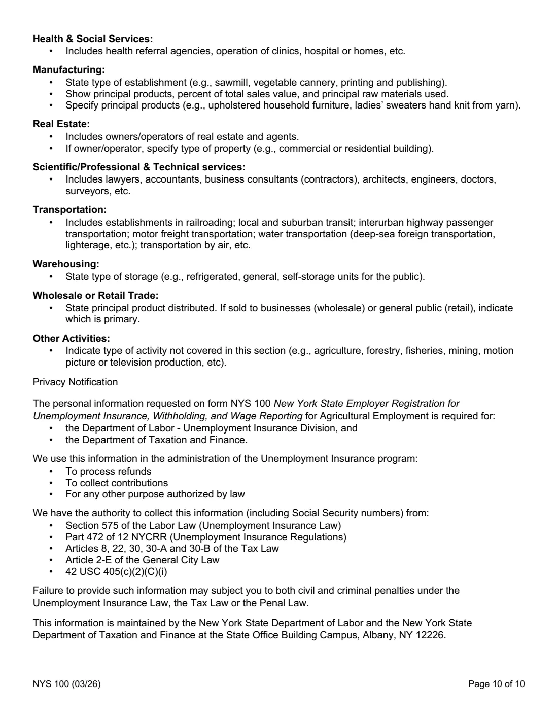 Form NYS 100 (2026) New York State Employer Registration for Unemployment Insurance, Withholding, and Wage Reporting — page 10 of 10